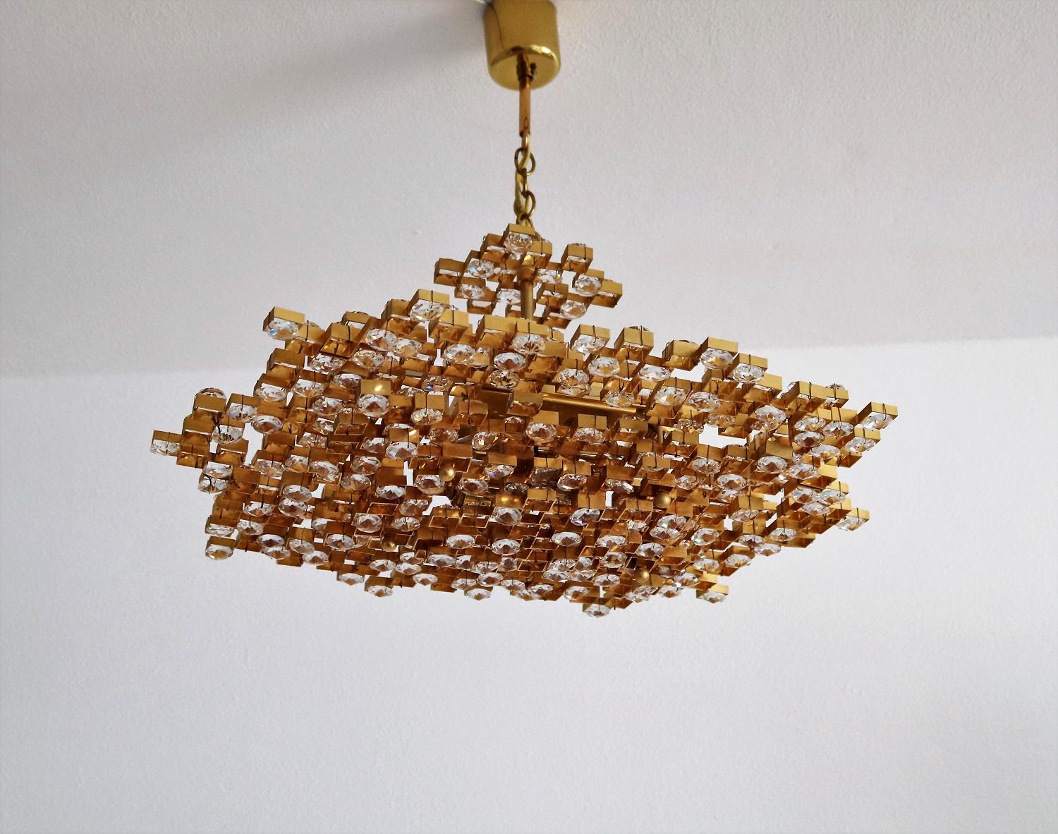 Hollywood Regency Crystal Glass and Gold Plated Brass Chandelier by Palwa, 1970s