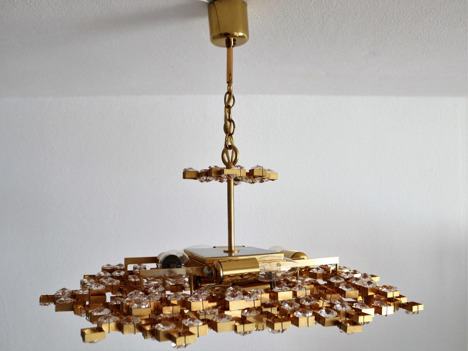 Crystal Glass and Gold Plated Brass Chandelier by Palwa, 1970s 1