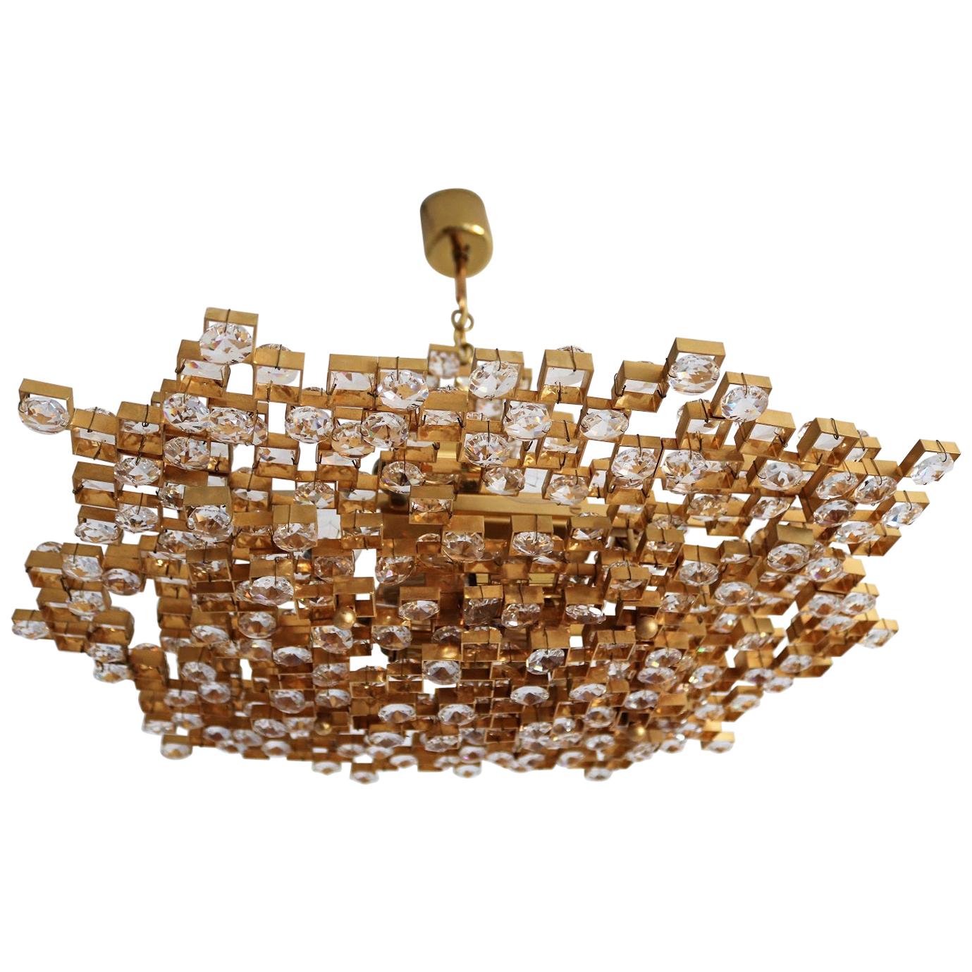 Crystal Glass and Gold Plated Brass Chandelier by Palwa, 1970s