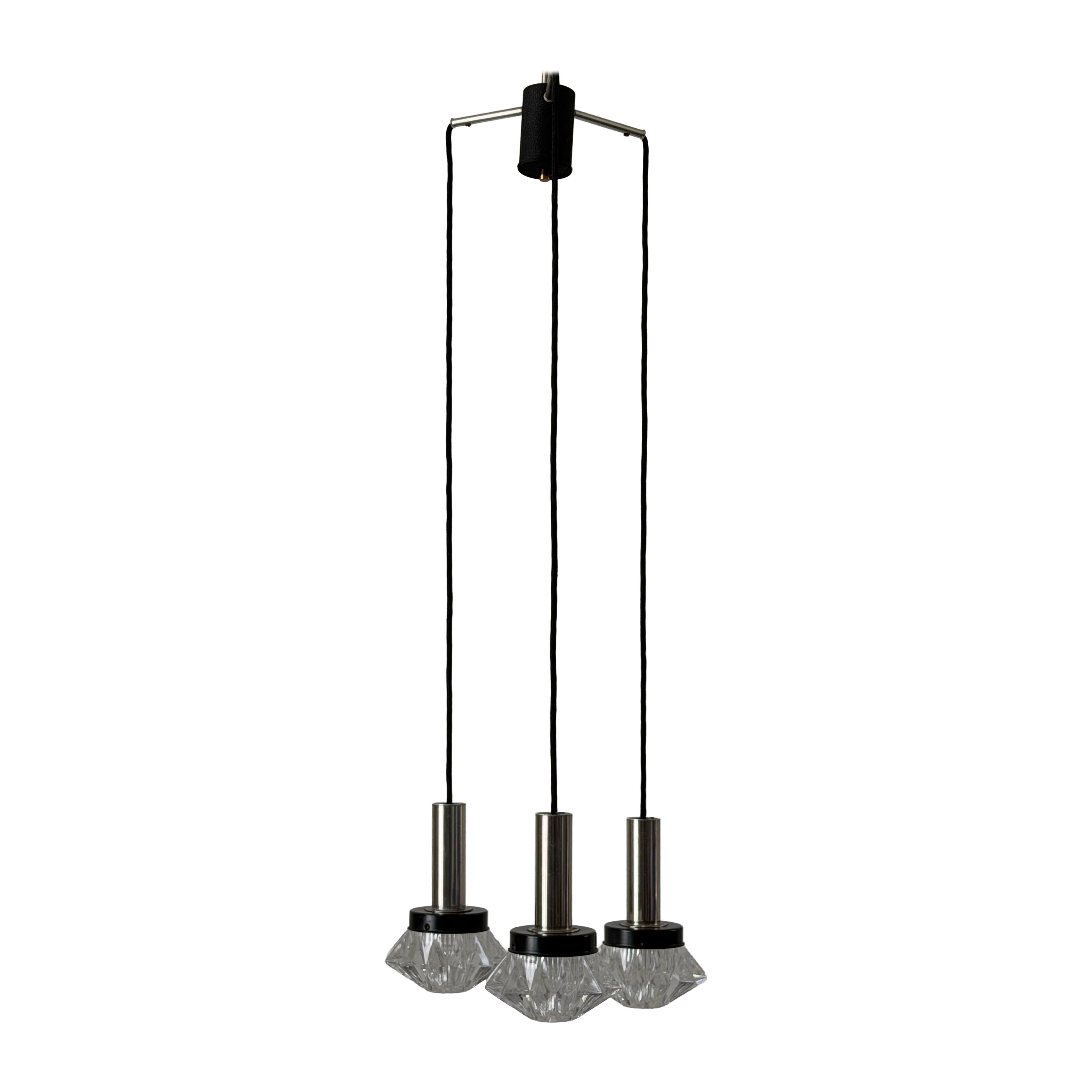 Crystal Glass and Metal 3 Shade Cascade Pendant Lamp, 1960s, Germany