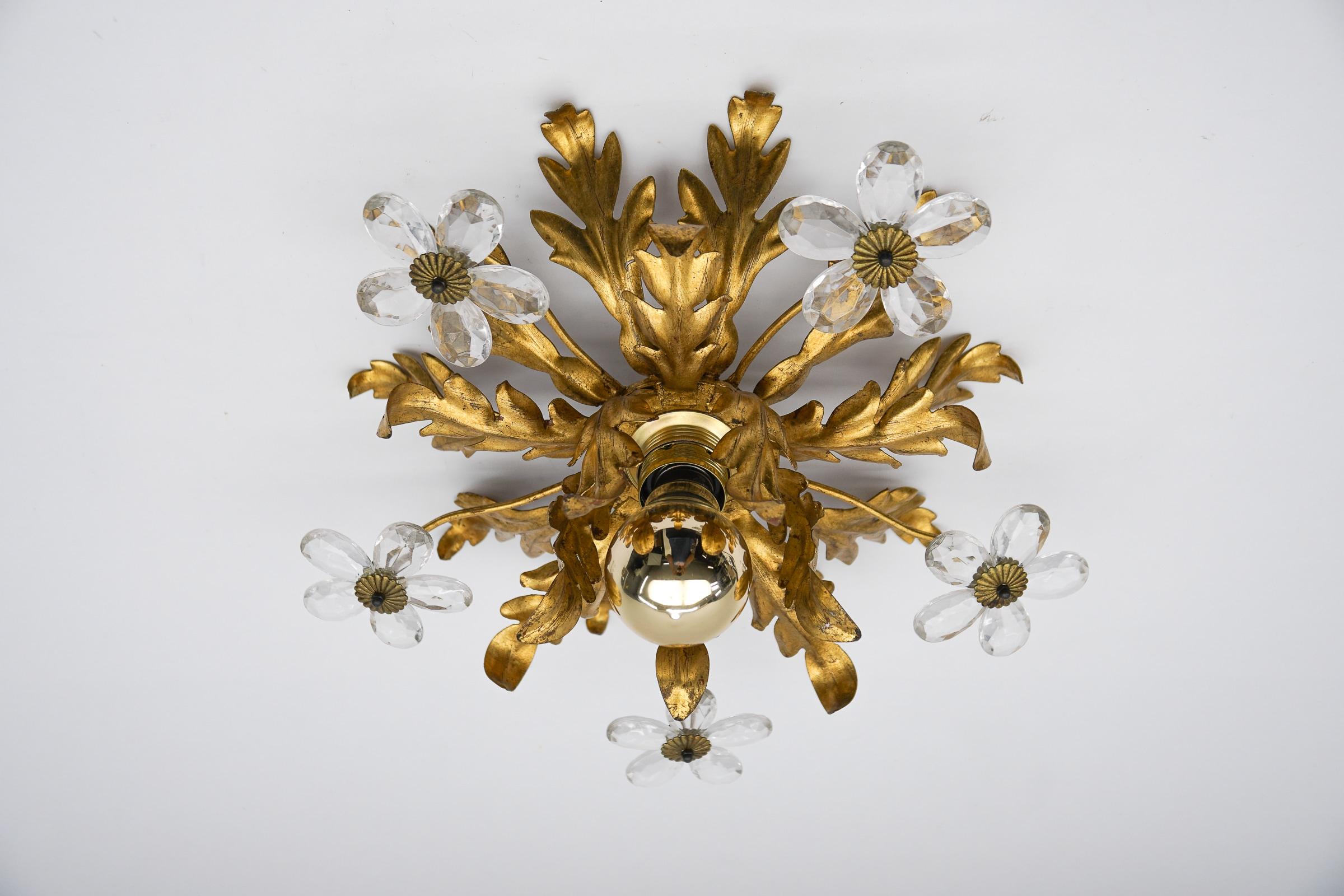 Mid-20th Century Crystal Glass and Metal Florentine Ceiling Lamp by Banci Firenze, 1960s For Sale