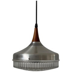 Crystal Glass and Metal Frame with Wood Detail Ceiling Lamp, 1960s, Germany