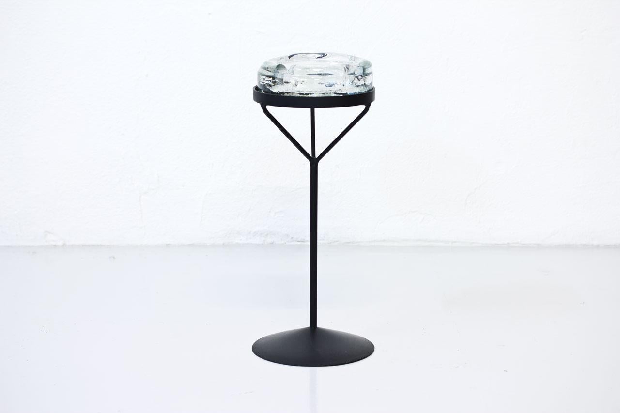 Scandinavian Modern Crystal Glass Ashtray with Iron Stand by Erik Höglund for Boda, Sweden, 1960s