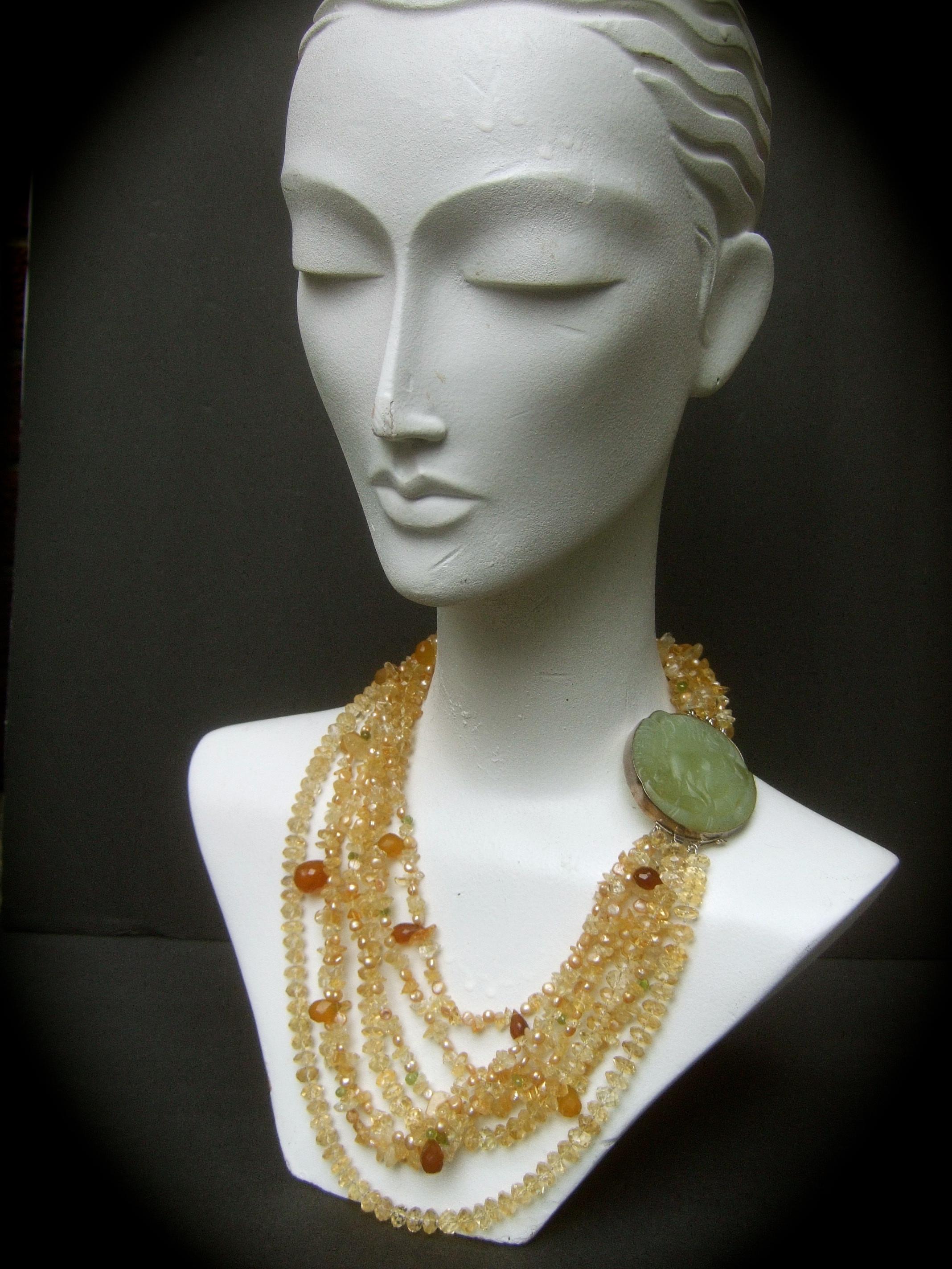 Crystal Citrine Glass Beaded Sterling Carved Jade Medallion Necklace c 1980s For Sale 7