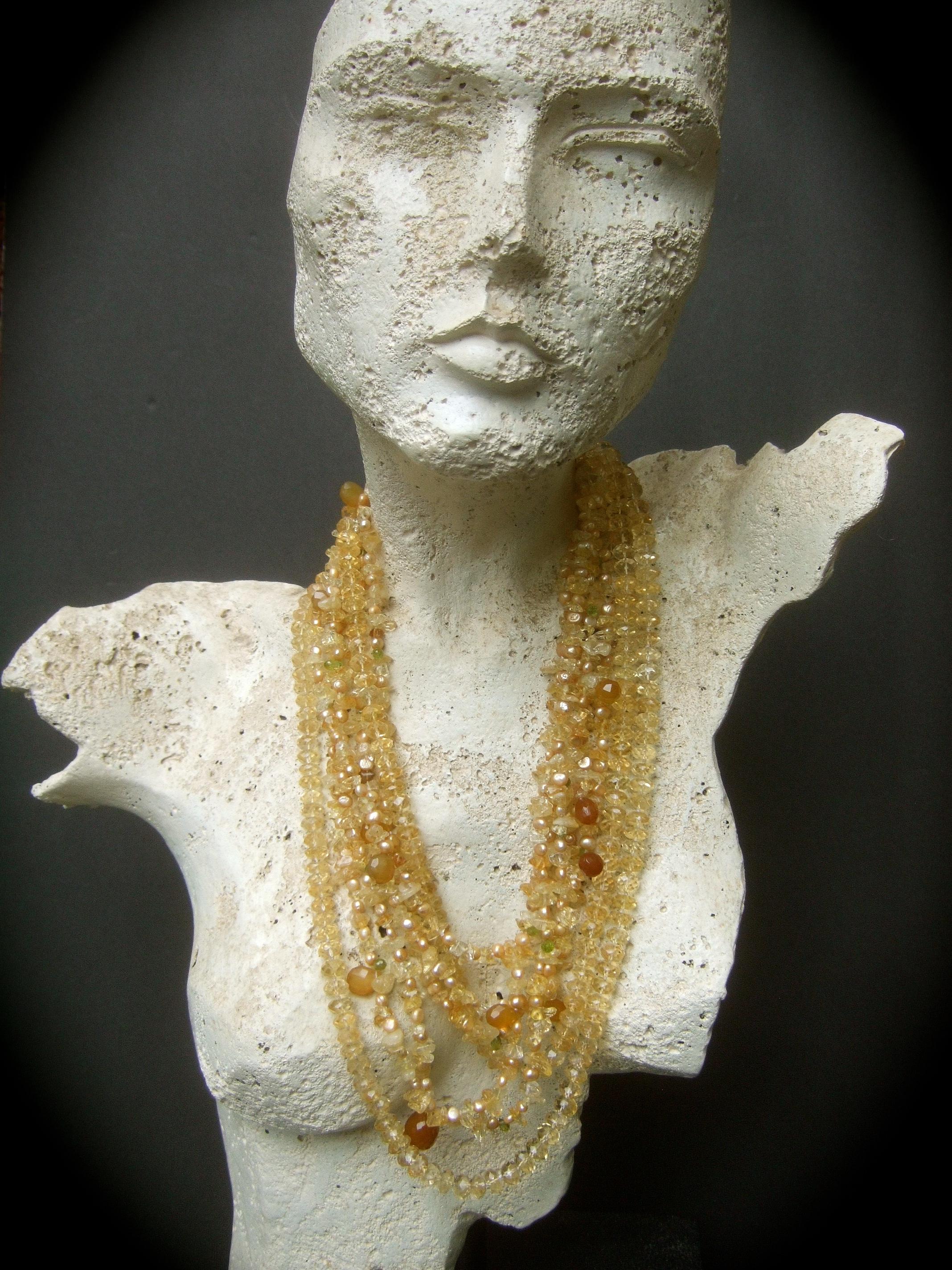 Crystal Citrine Glass Beaded Sterling Carved Jade Medallion Necklace c 1980s For Sale 10