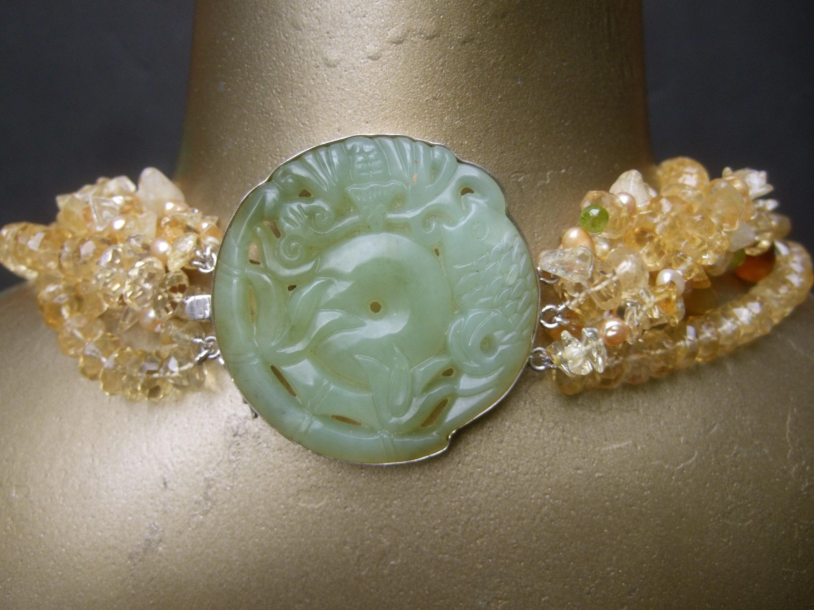 Crystal Citrine Glass Beaded Sterling Carved Jade Medallion Necklace c 1980s 12