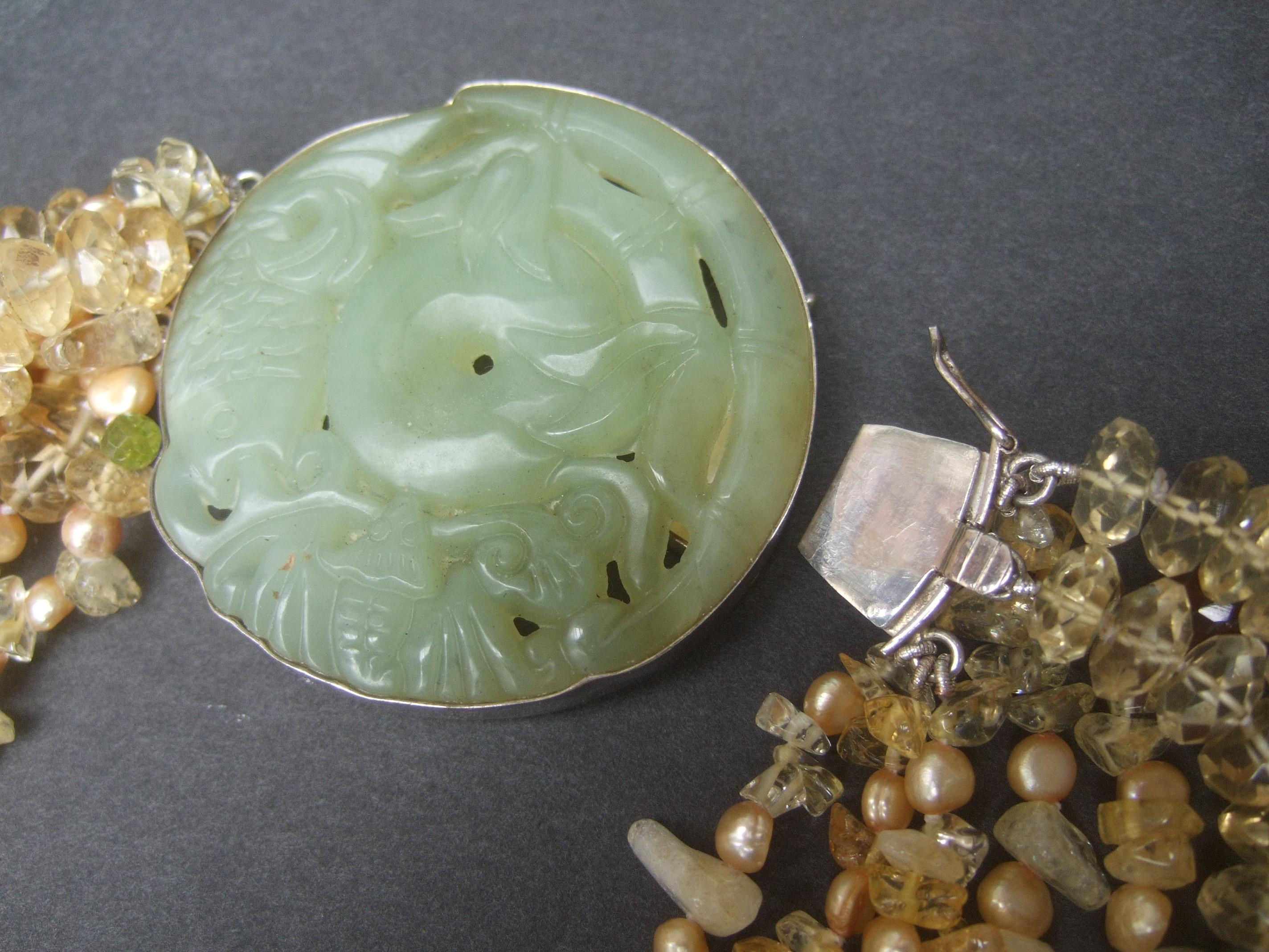 Crystal Citrine Glass Beaded Sterling Carved Jade Medallion Necklace c 1980s For Sale 13