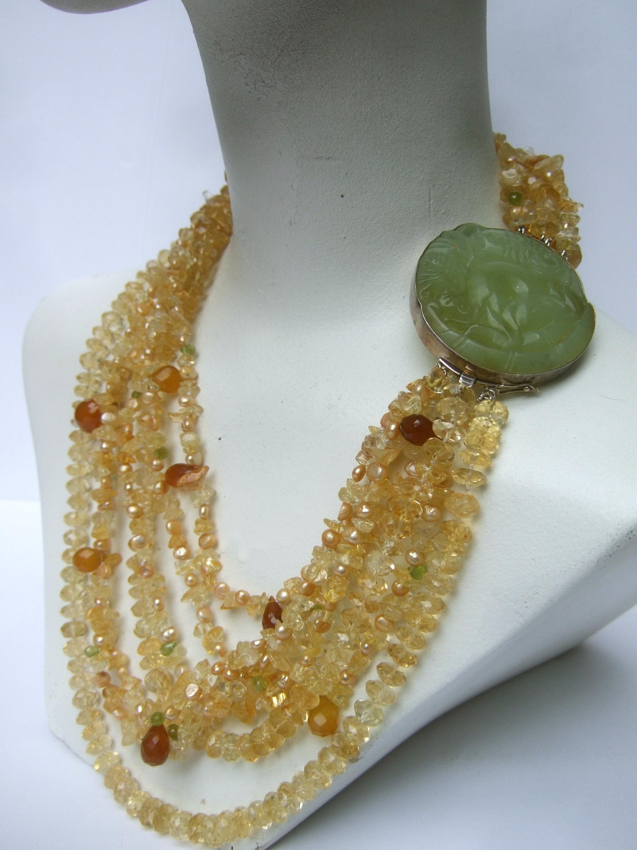 Crystal Citrine Glass Beaded Sterling Carved Jade Medallion Necklace c 1980s For Sale 14