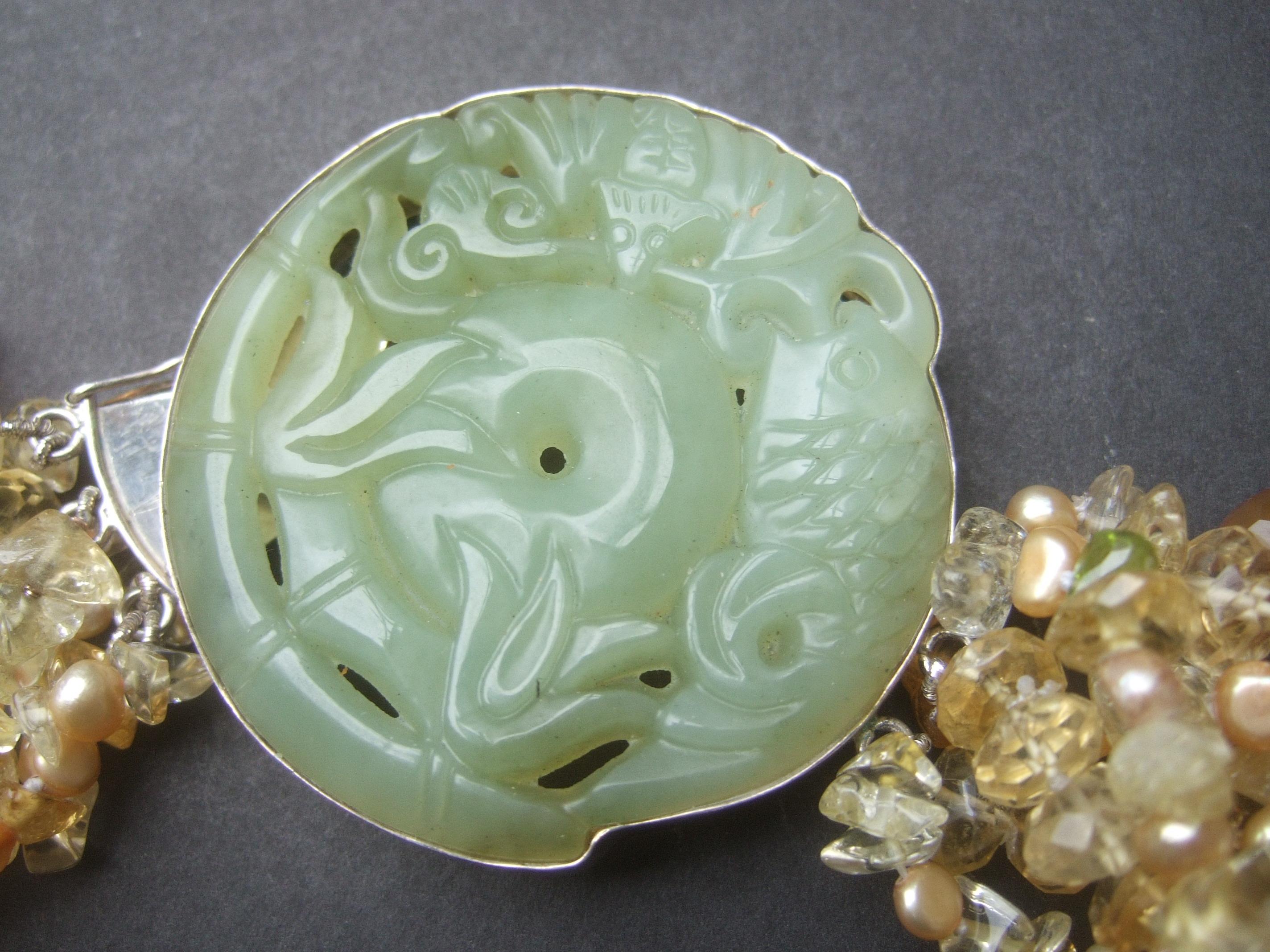 Artisan Crystal Citrine Glass Beaded Sterling Carved Jade Medallion Necklace c 1980s For Sale