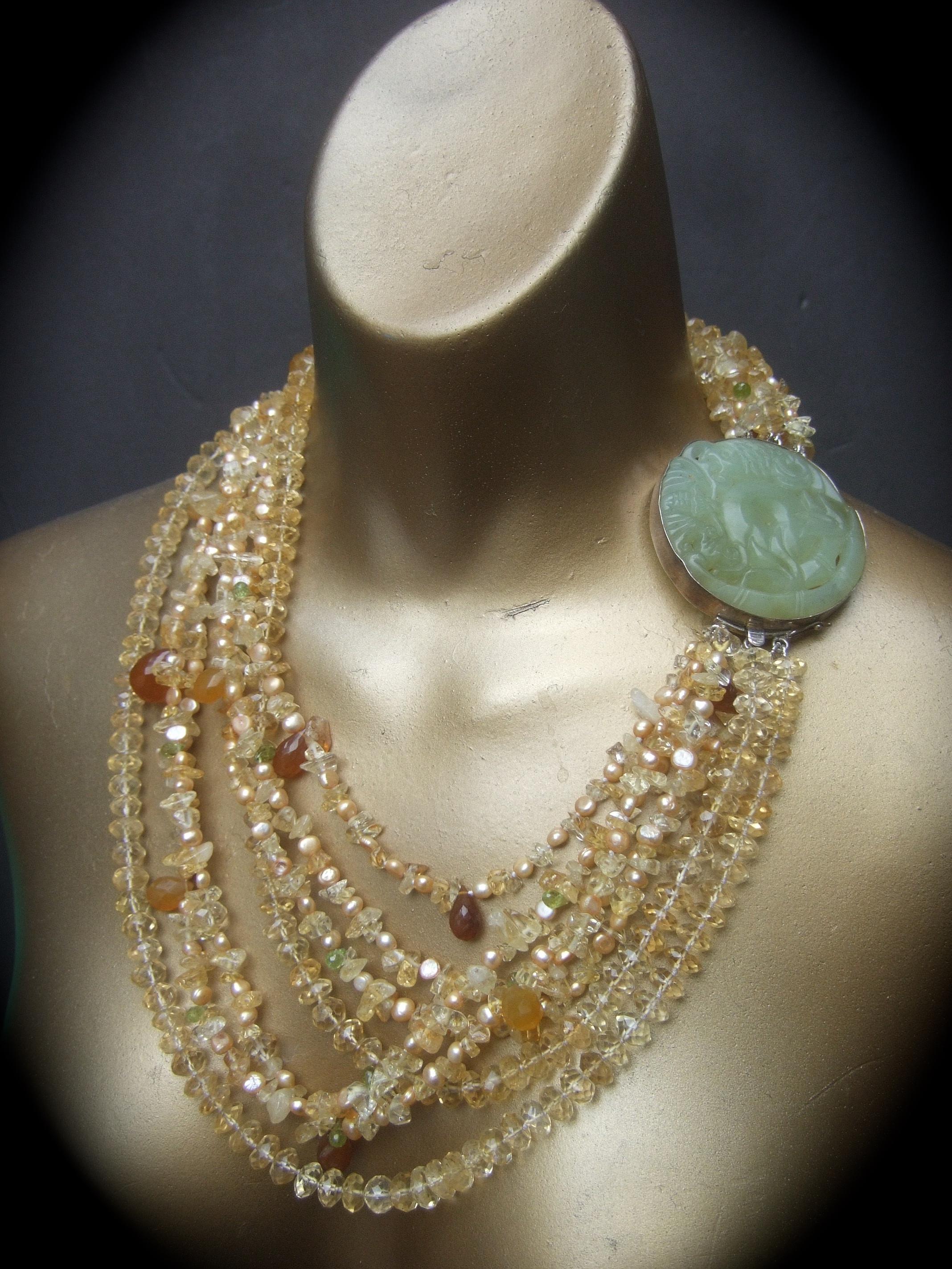 Crystal Citrine Glass Beaded Sterling Carved Jade Medallion Necklace c 1980s In Good Condition For Sale In University City, MO
