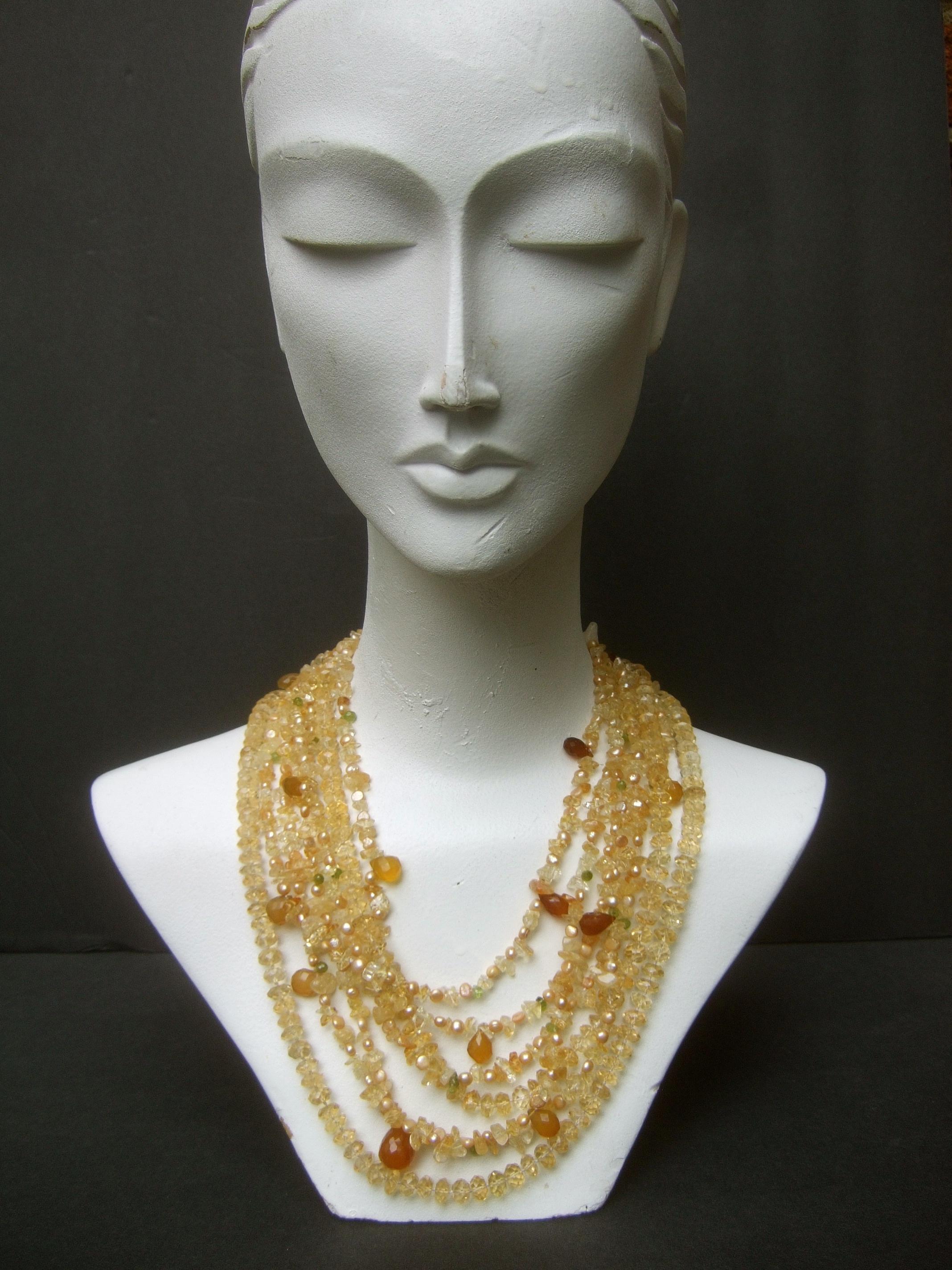 Women's Crystal Citrine Glass Beaded Sterling Carved Jade Medallion Necklace c 1980s For Sale