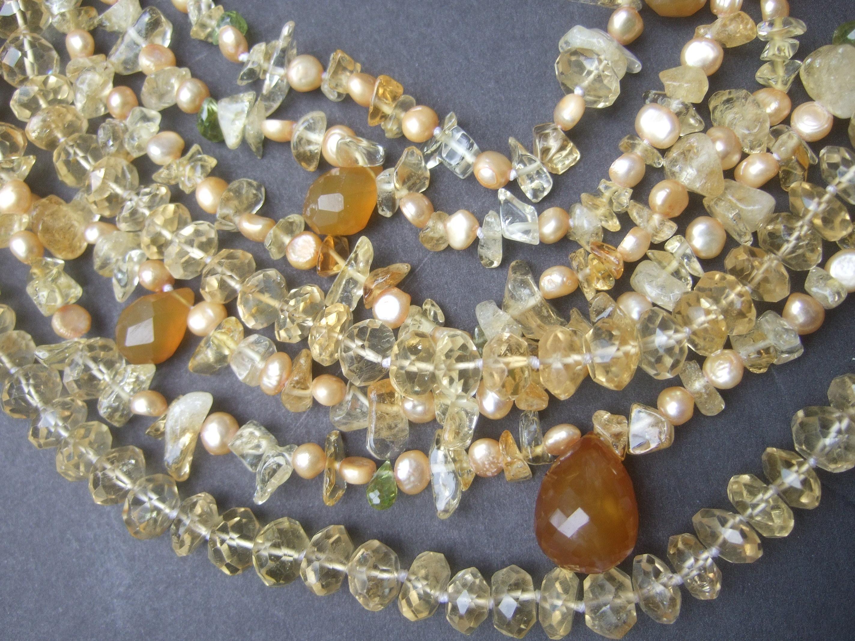 Crystal Citrine Glass Beaded Sterling Carved Jade Medallion Necklace c 1980s For Sale 1