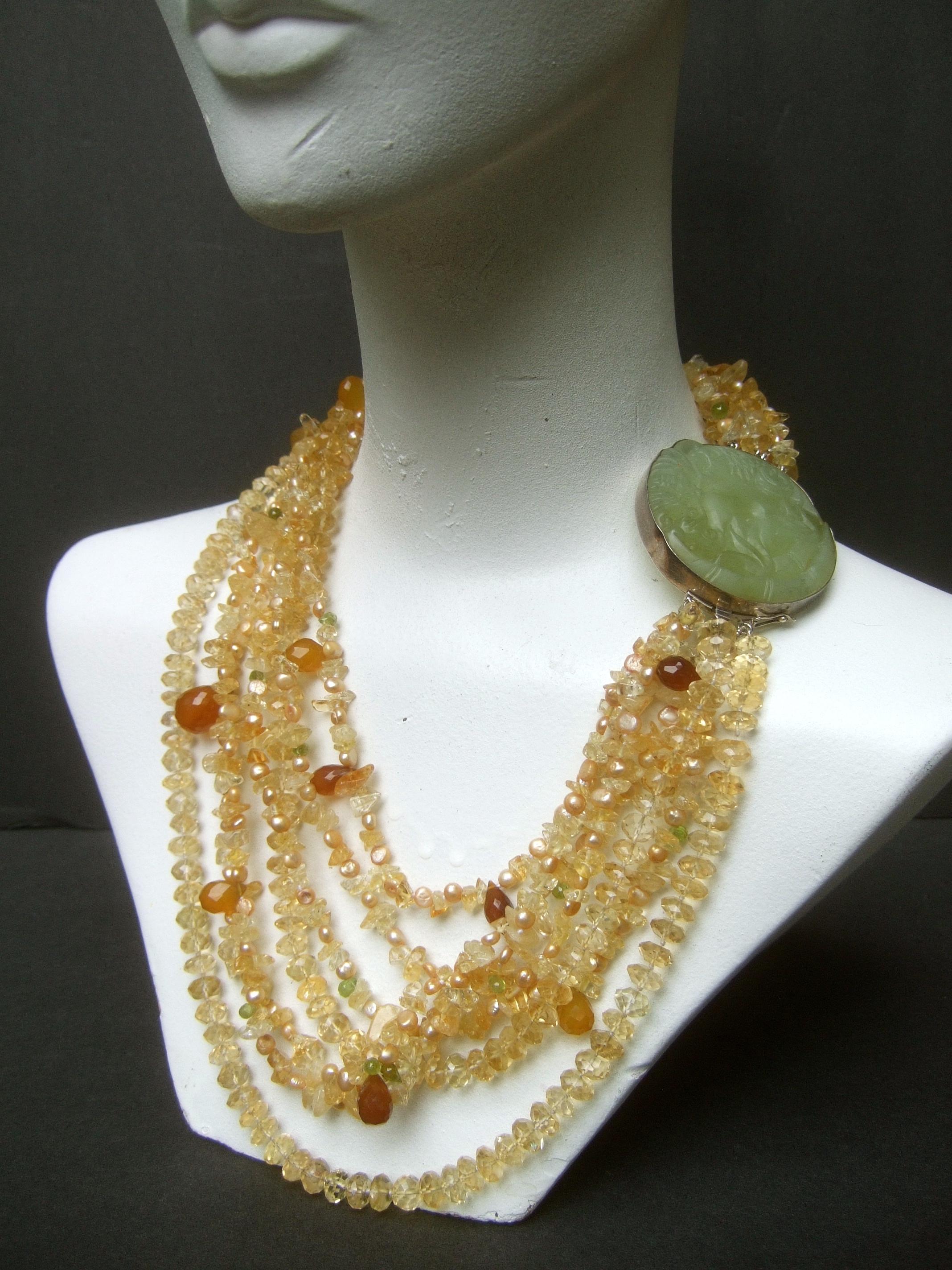 Crystal Citrine Glass Beaded Sterling Carved Jade Medallion Necklace c 1980s For Sale 3