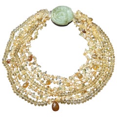 Collier médaillon en cristal, citrine, verre, perles et jade sculpté en argent sterling, c. 1980