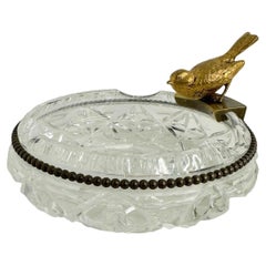 Crystal Glass Cigar Ashtray with Bronze Bird Figurine, Vintage, Austria, 1950s