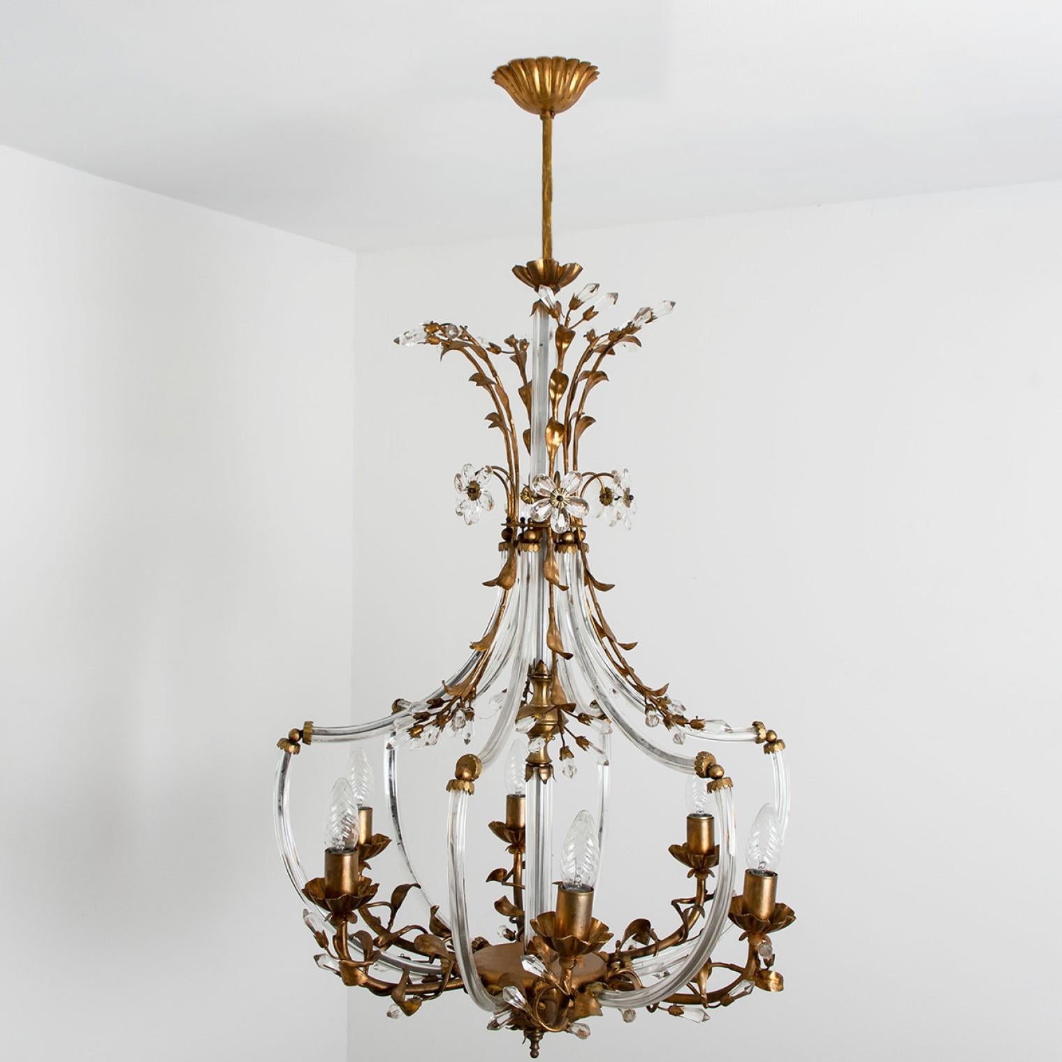 Crystal Glass Gilt Brass 6-Light Chandelier by Palwa, 1960s For Sale 2