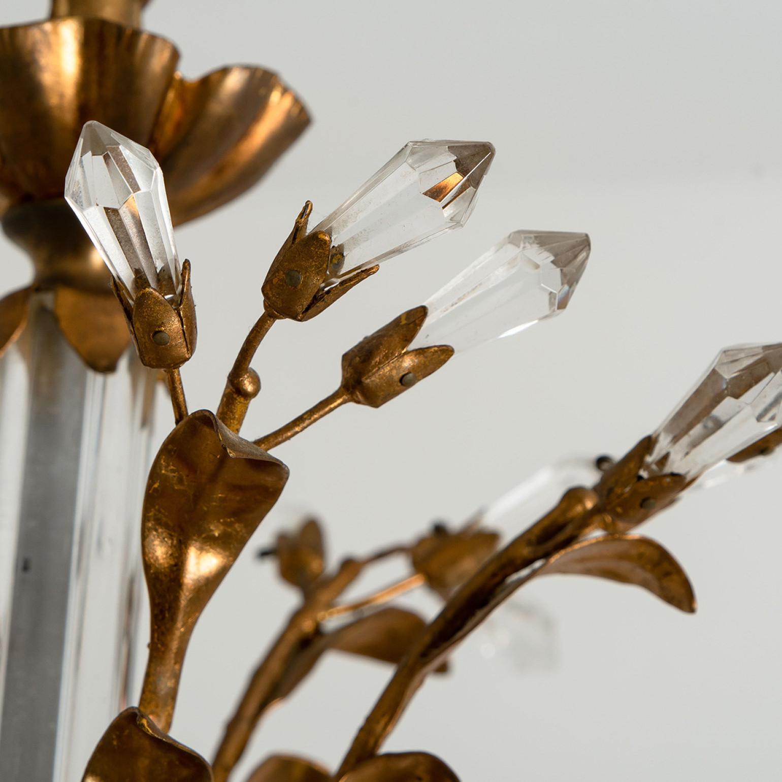 German Crystal Glass Gilt Brass 6-Light Chandelier by Palwa, 1960s For Sale