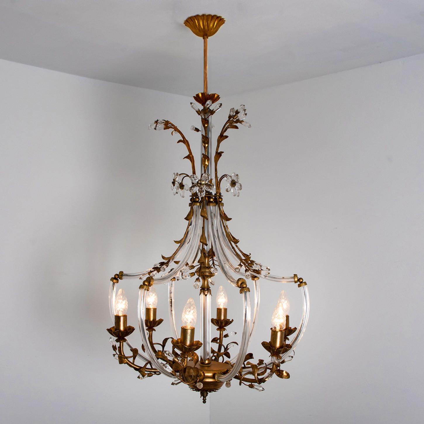 Mid-20th Century Crystal Glass Gilt Brass 6-Light Chandelier by Palwa, 1960s For Sale