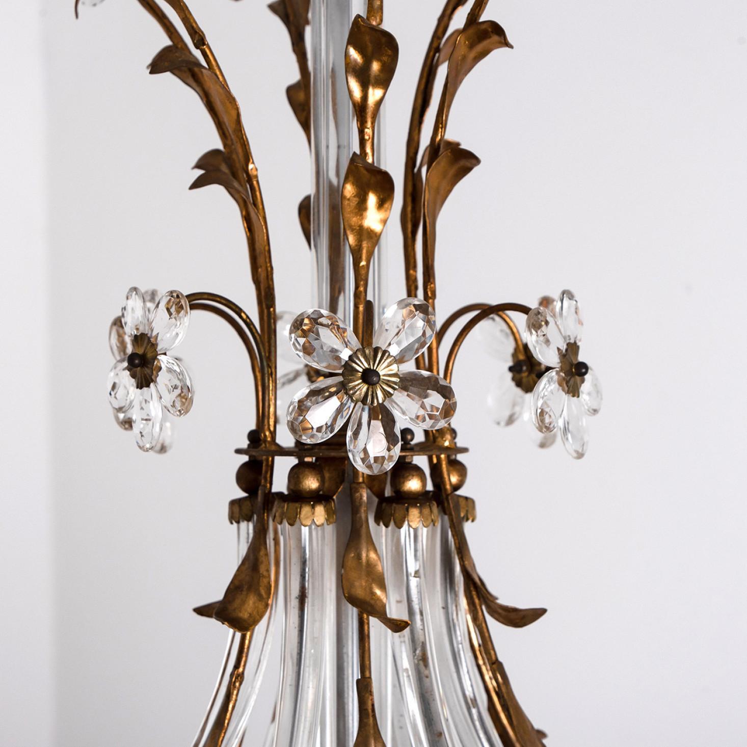 Metal Crystal Glass Gilt Brass 6-Light Chandelier by Palwa, 1960s For Sale