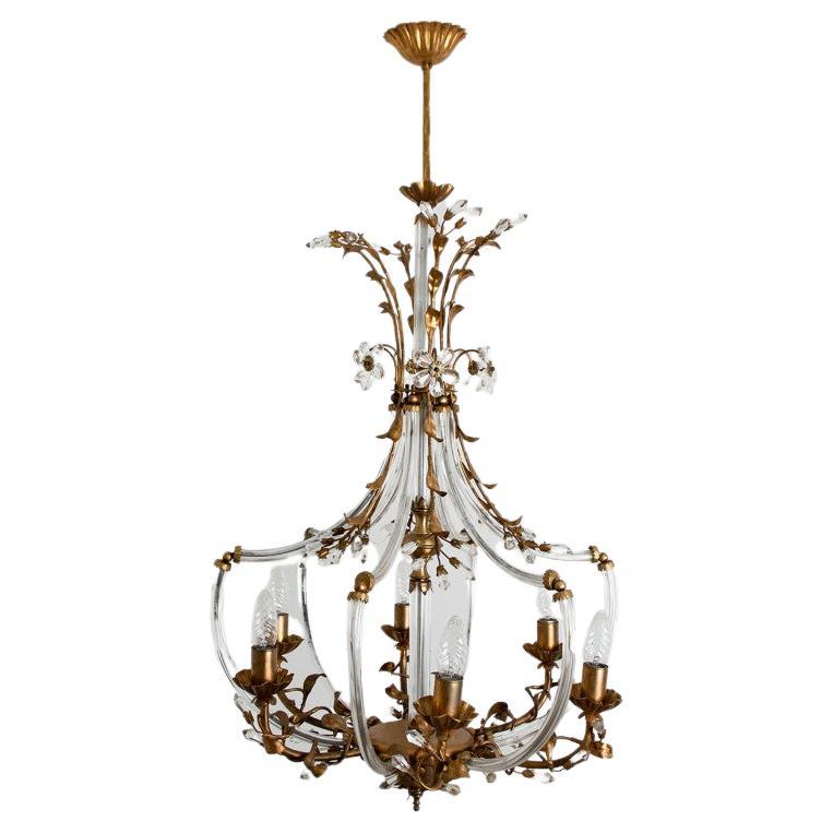Crystal Glass Gilt Brass 6-Light Chandelier by Palwa, 1960s For Sale