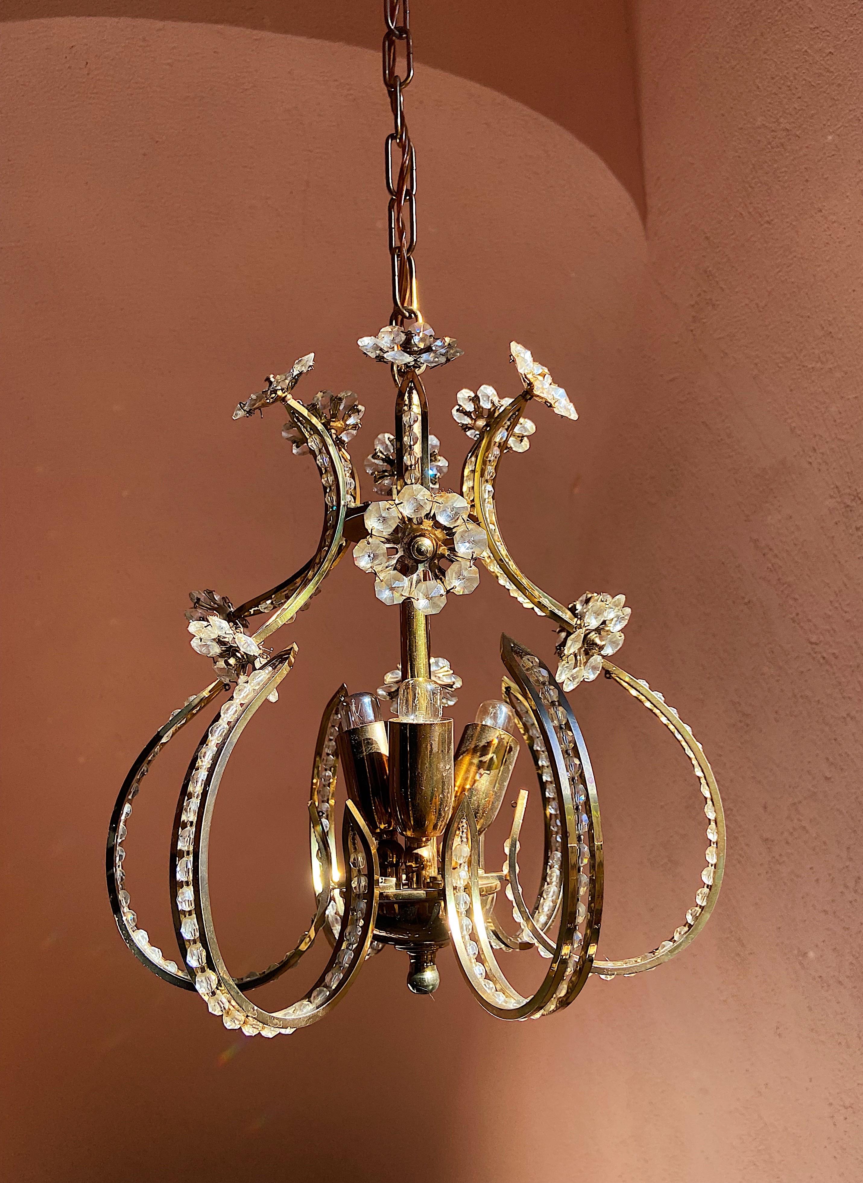 German Crystal Glass Gilt Brass Chandelier by Palwa, 1960s For Sale