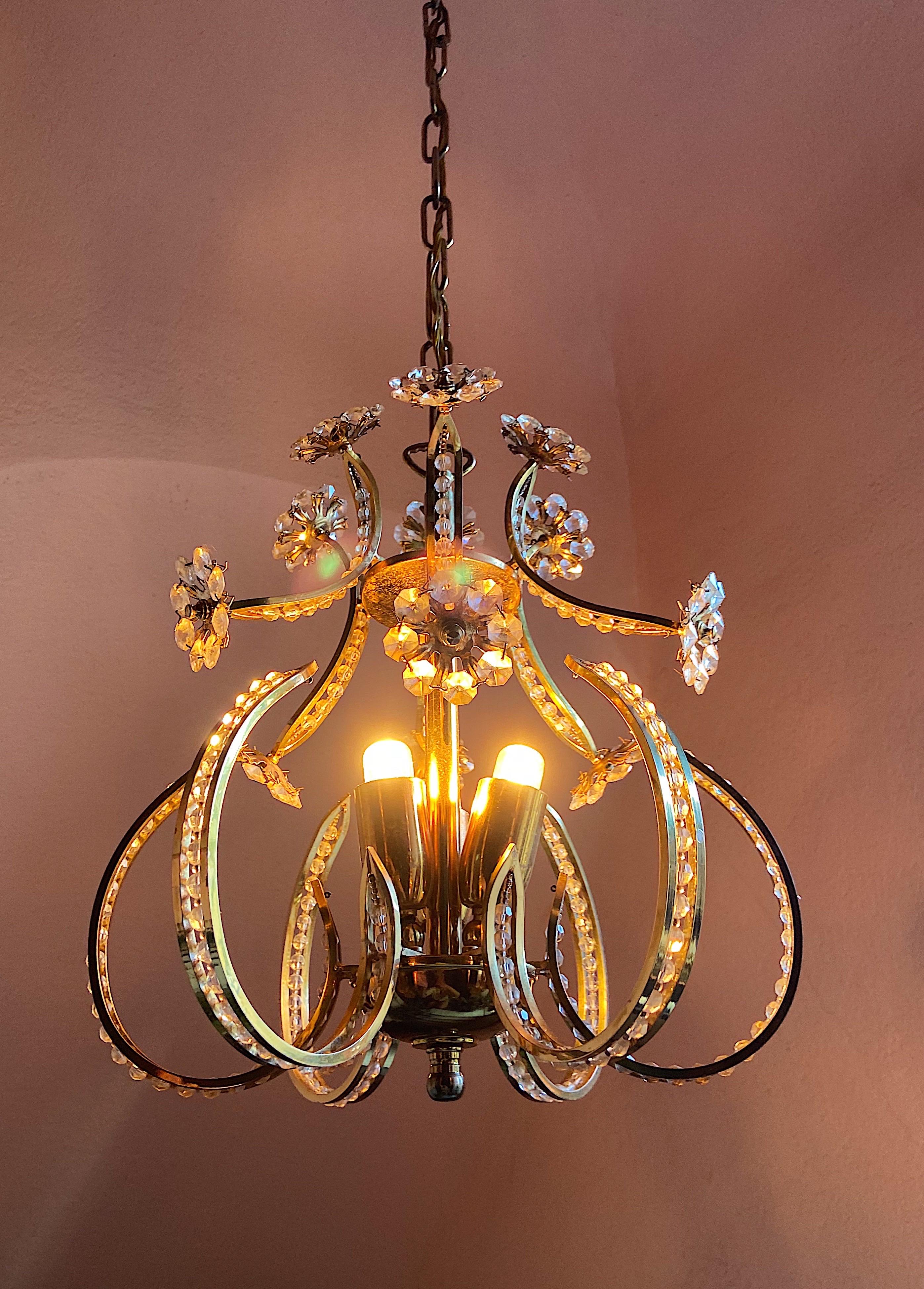 20th Century Crystal Glass Gilt Brass Chandelier by Palwa, 1960s For Sale