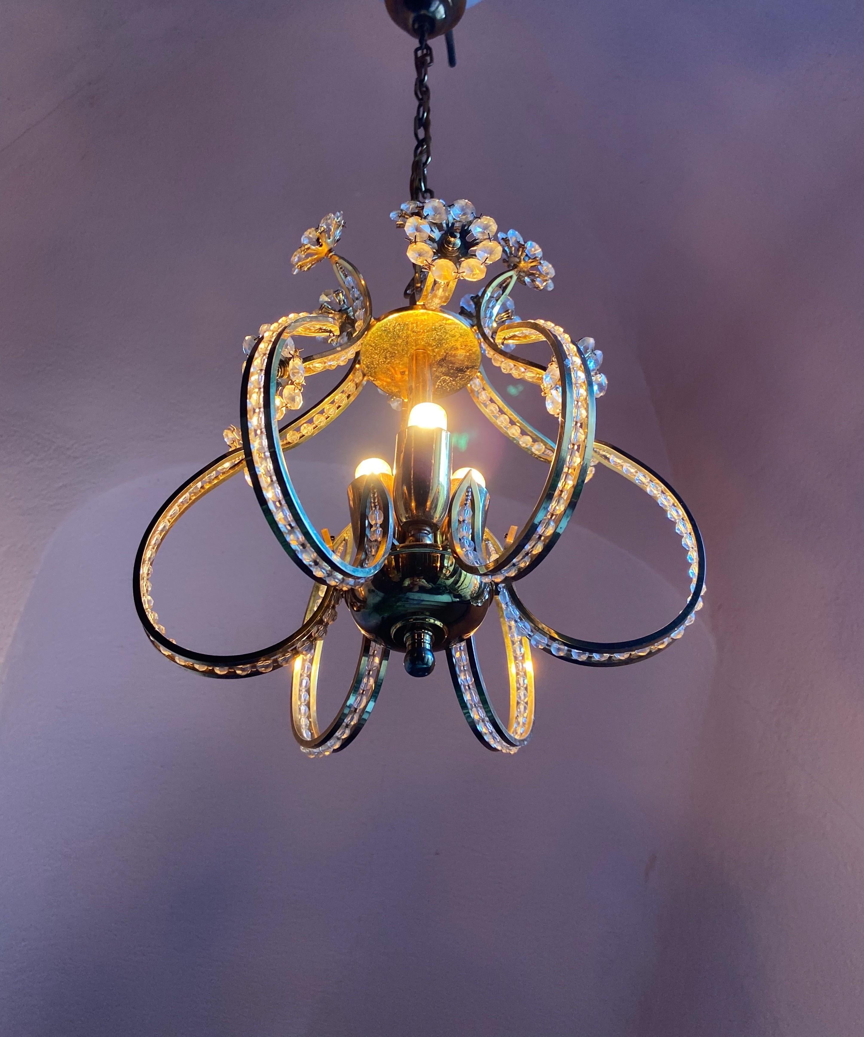 Crystal Glass Gilt Brass Chandelier by Palwa, 1960s For Sale 1