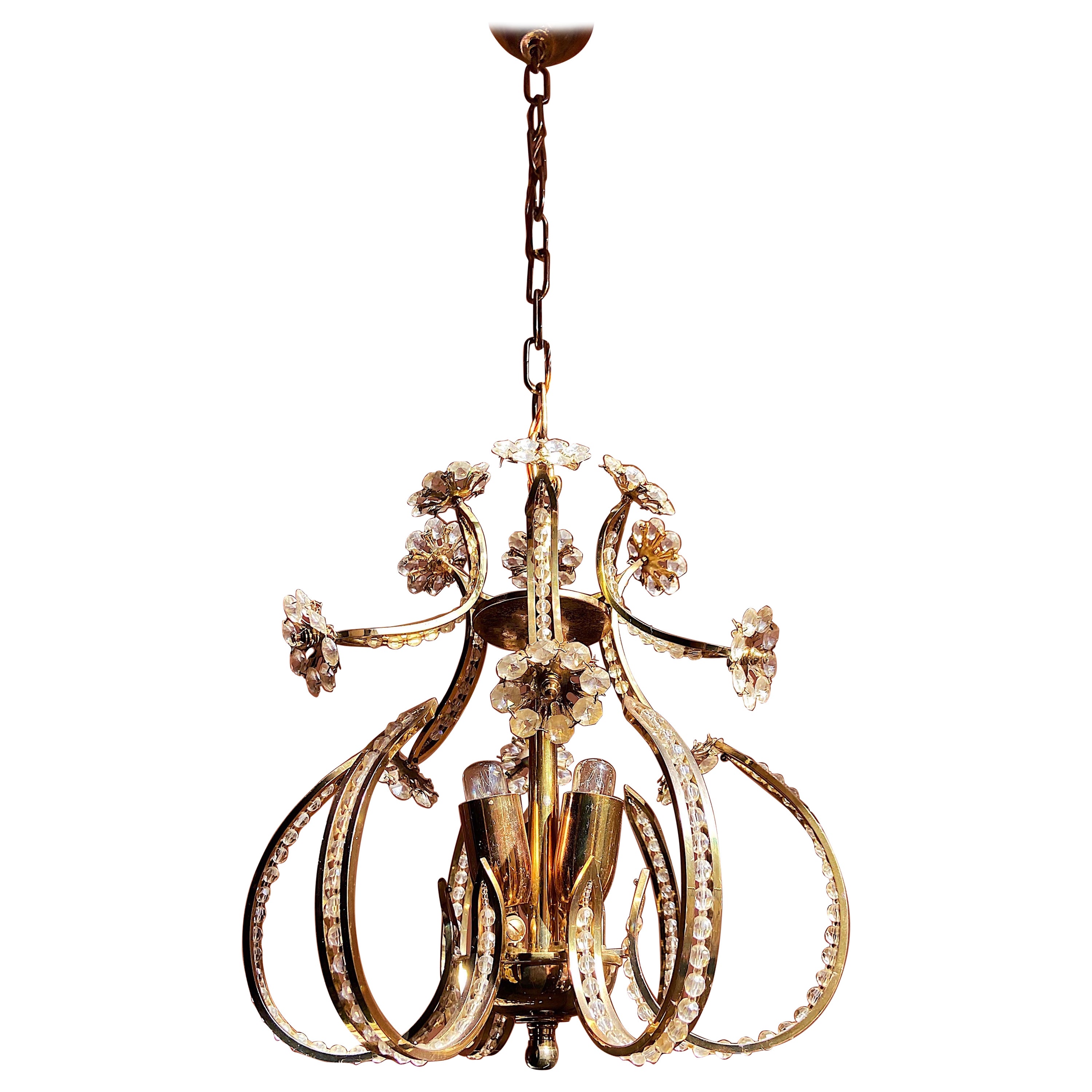Lampadario in vetro cristallo e ottone dorato di Palwa, anni '60