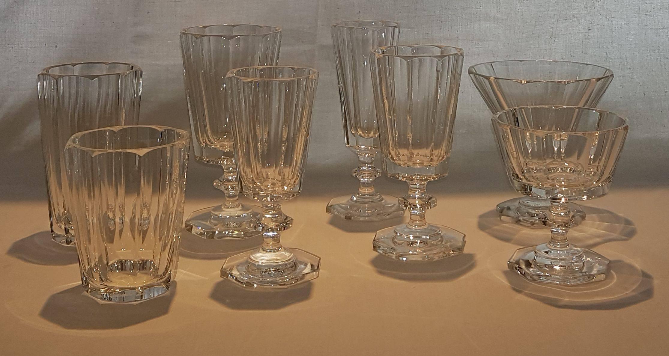 Mouth blown hand-cut crystal glass goblets made in Germany: solid, noble, elegant.
The “Biedermeier” inspired style, with beveled body, base and stem pearl,
gives them a timeless beauty. 
Rounded off edges for more comfortable drinking.
A highlight