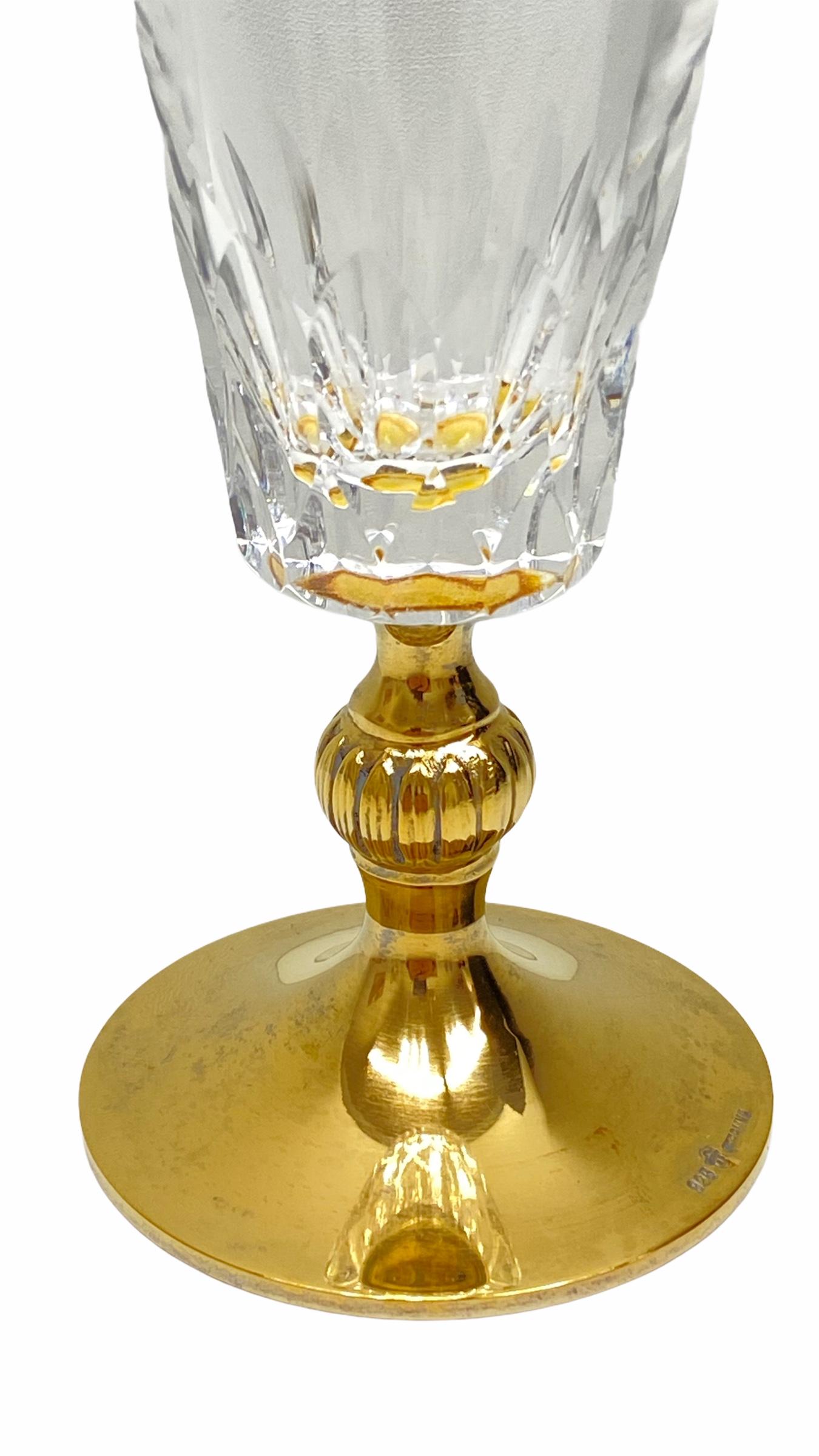 A beautiful crystal glass with gold-plated sterling silver stem, found at an estate sale in Austria. Very good vintage condition, consistent with age and use. Marked with Sterling and 925. No chips, no cracks, no repairs.