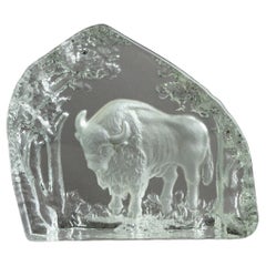 Vintage Crystal Glass Intaglio Paperweight Sculpture of a Buffalo 