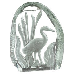 Vintage Crystal Glass Intaglio Paperweight Sculpture of a Herron Bird