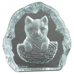 Vintage Crystal Glass Intaglio Paperweight Sculpture of a Kitten