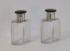 Crystal Glass PAIR Cologne or Perfume Bottles Sterling Silver Tops Art Deco 1923
