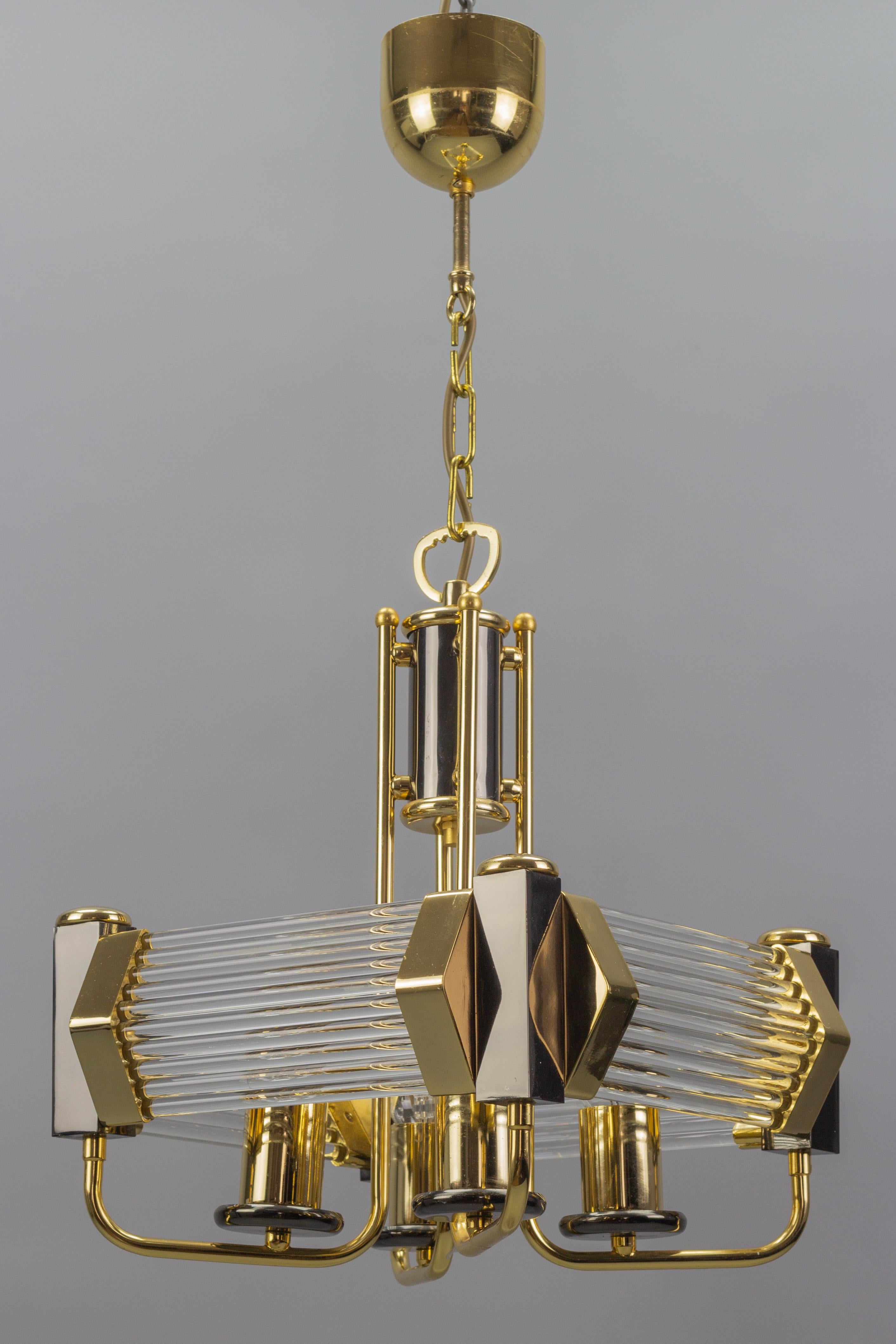 Crystal Glass Rods and Brass Four-Light Hanging Chandelier, 1970s