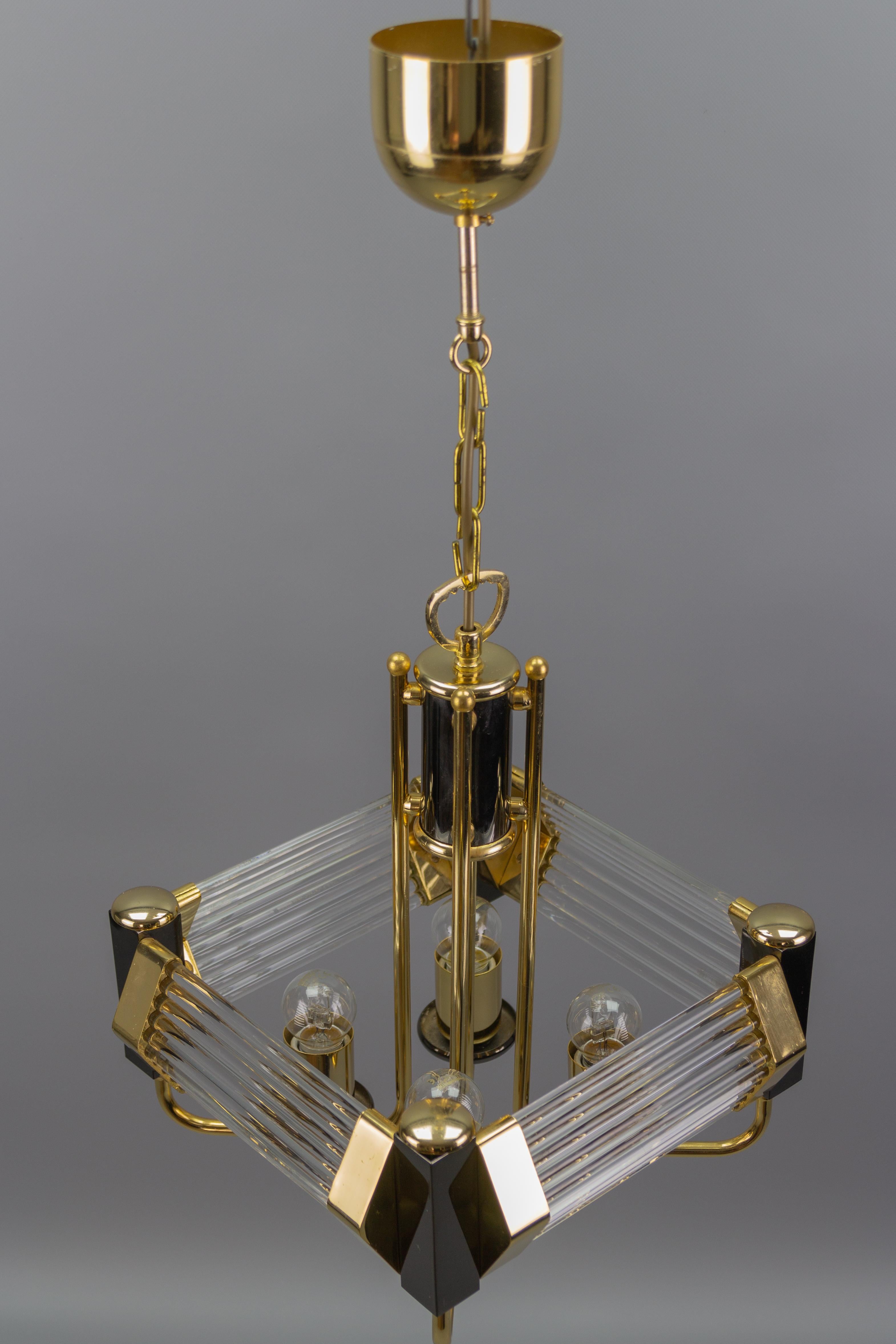 Late 20th Century Crystal Glass Rods and Brass Four-Light Hanging Chandelier, 1970s For Sale