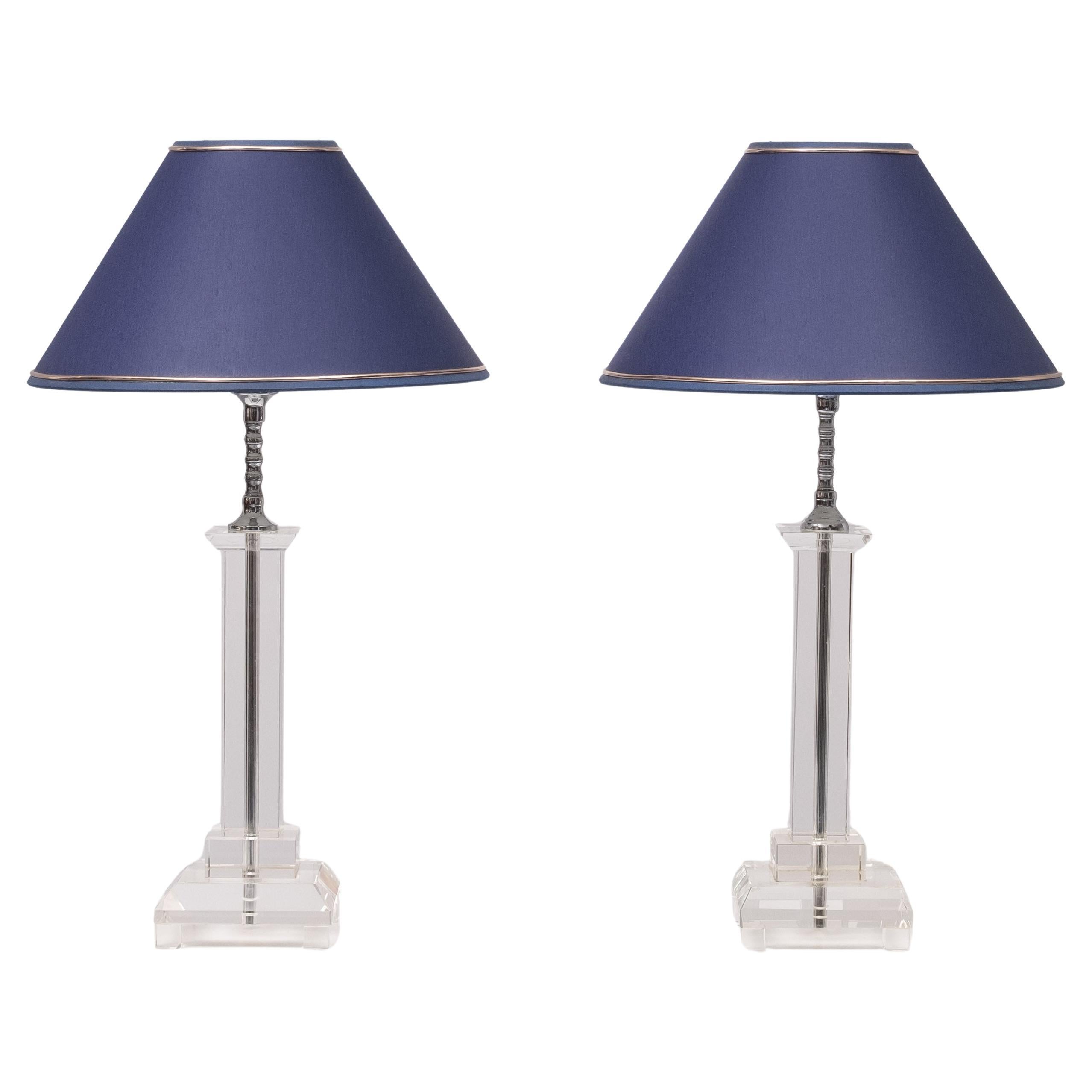 Brilliantly cut glass Table lamps takes on a classic shape with a crystal clear finish.   Crystal Urn Lamp is sure to light up any room. Included shades Comes in a Nice Blue color . 
