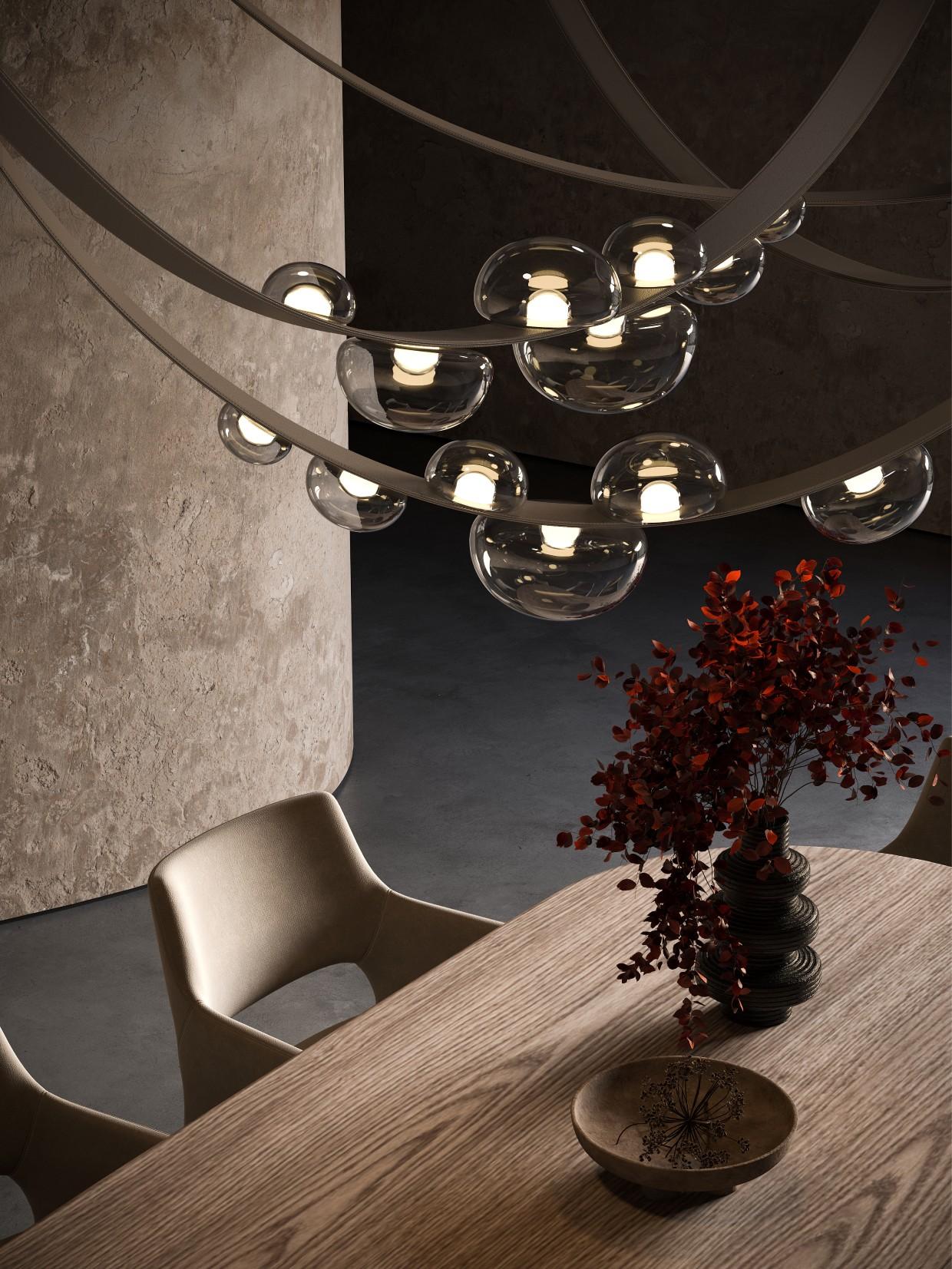 Crystal Glass & Vegan Leather Pendant Lamp, Dew Drops by Boris Klimek for Bomma In New Condition For Sale In Warsaw, PL
