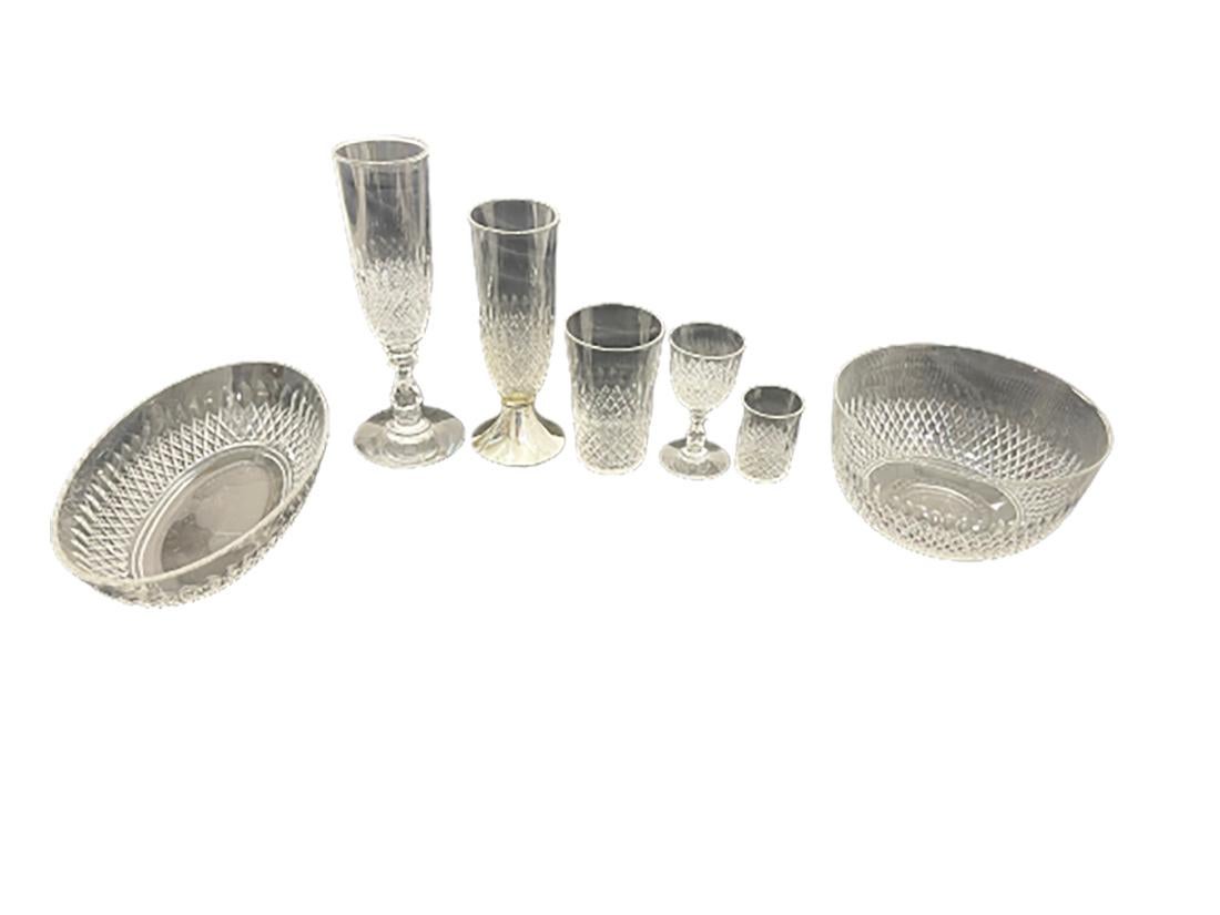 European Crystal Glasses of 14 Pieces, 2 Glasses with Silver Foot, Set for 2 For Sale