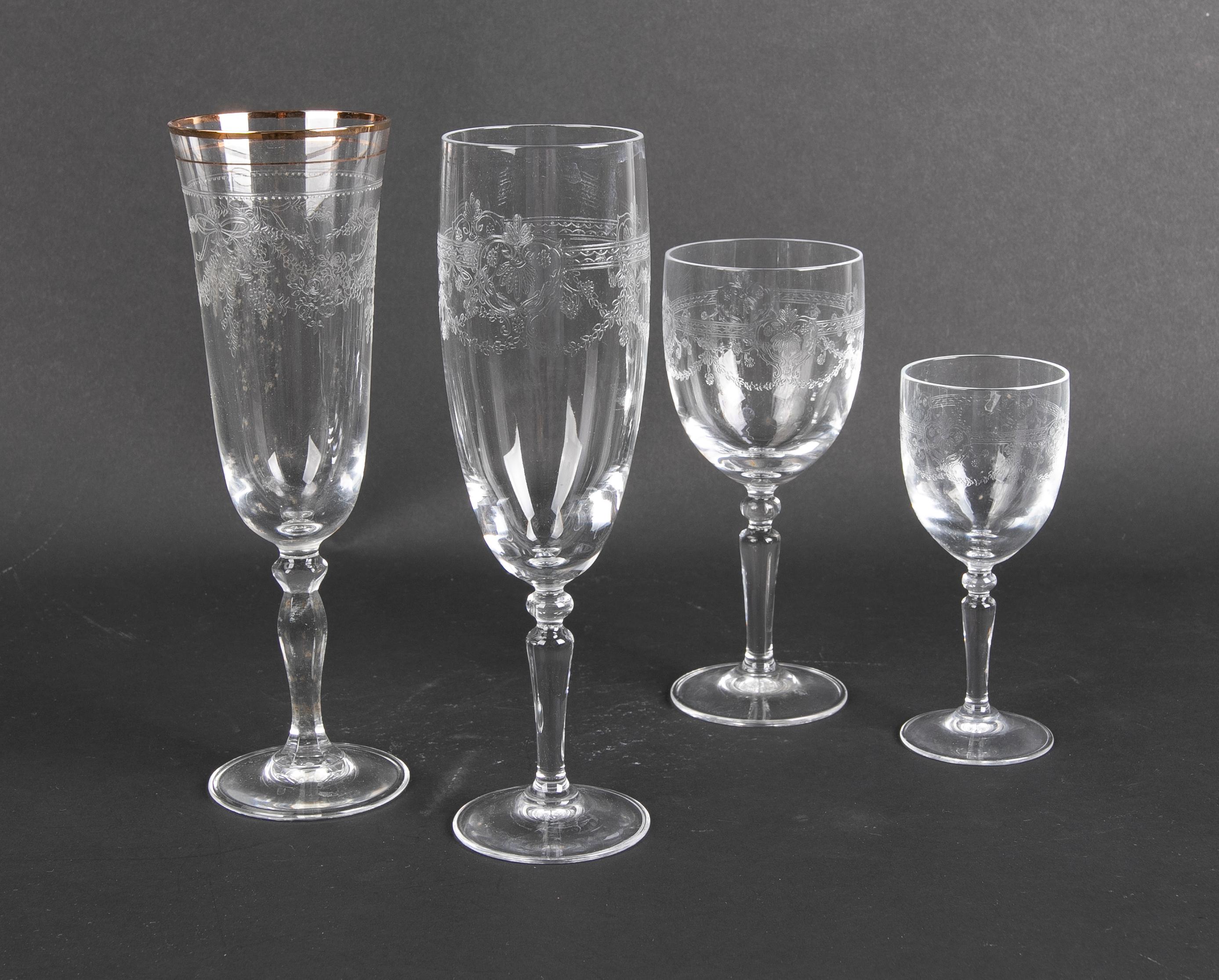 German Crystal Glassware Composed by Sixty Hand-Carved Pieces For Sale