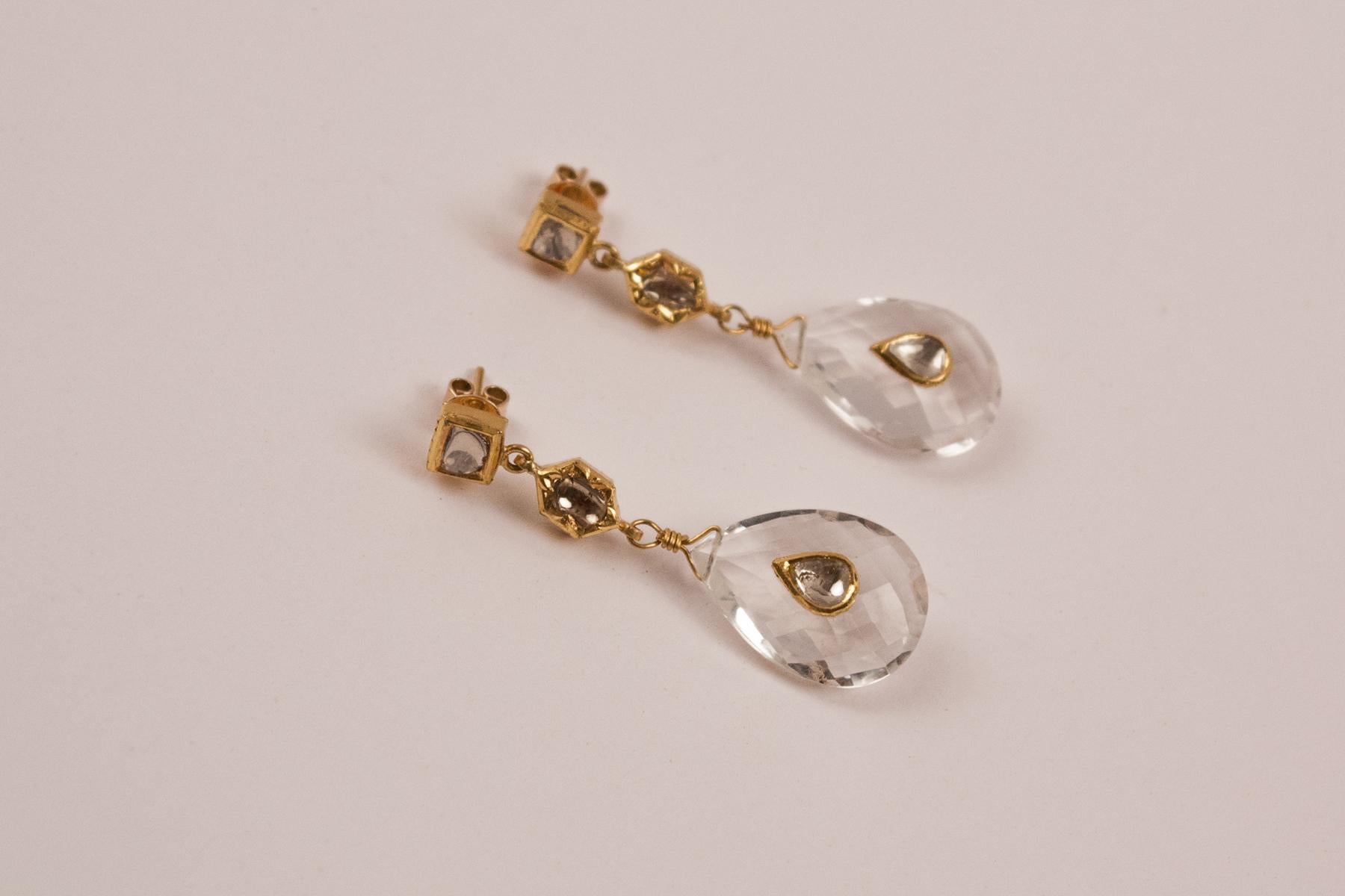 Anglo-Indian Crystal Gold Diamond Drop Dangle Earrings For Sale