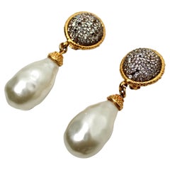Crystal Gold Plated Costume Baroque Pearl Drop Earrings circa 1980s