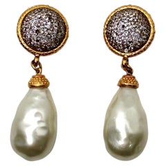 Crystal Gold Plated Costume Baroque Pearl Drop Earrings circa 1980s