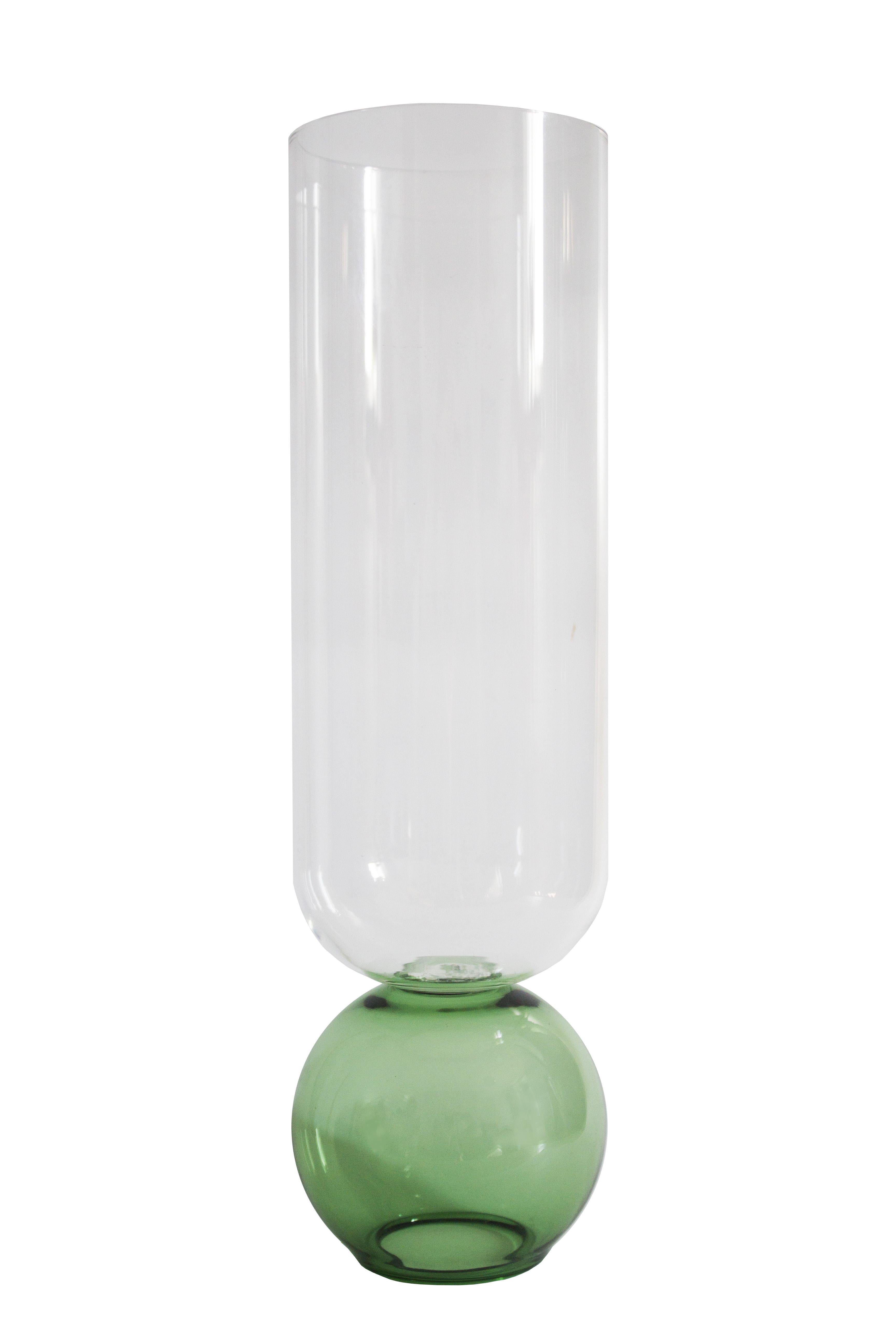 Modern Contemporary Green Flower Glass Blown Cylinder Vase Handcrafted, Natalia Criado For Sale