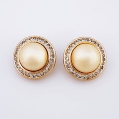Crystal Halo Champagne Pearl Button Earrings By Panetta, 1970s