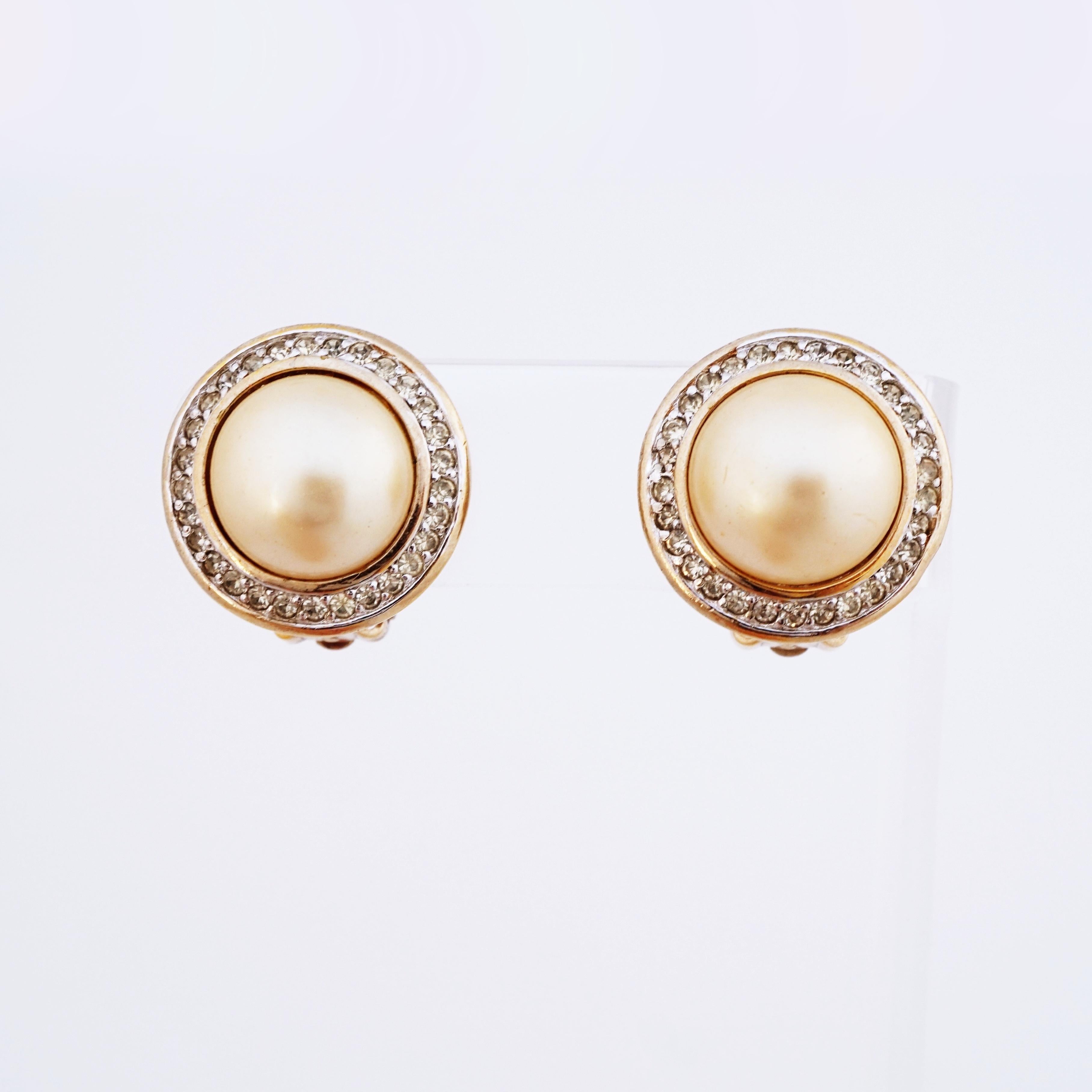 Modern Crystal Halo Champagne Pearl Button Earrings By Panetta, 1970s