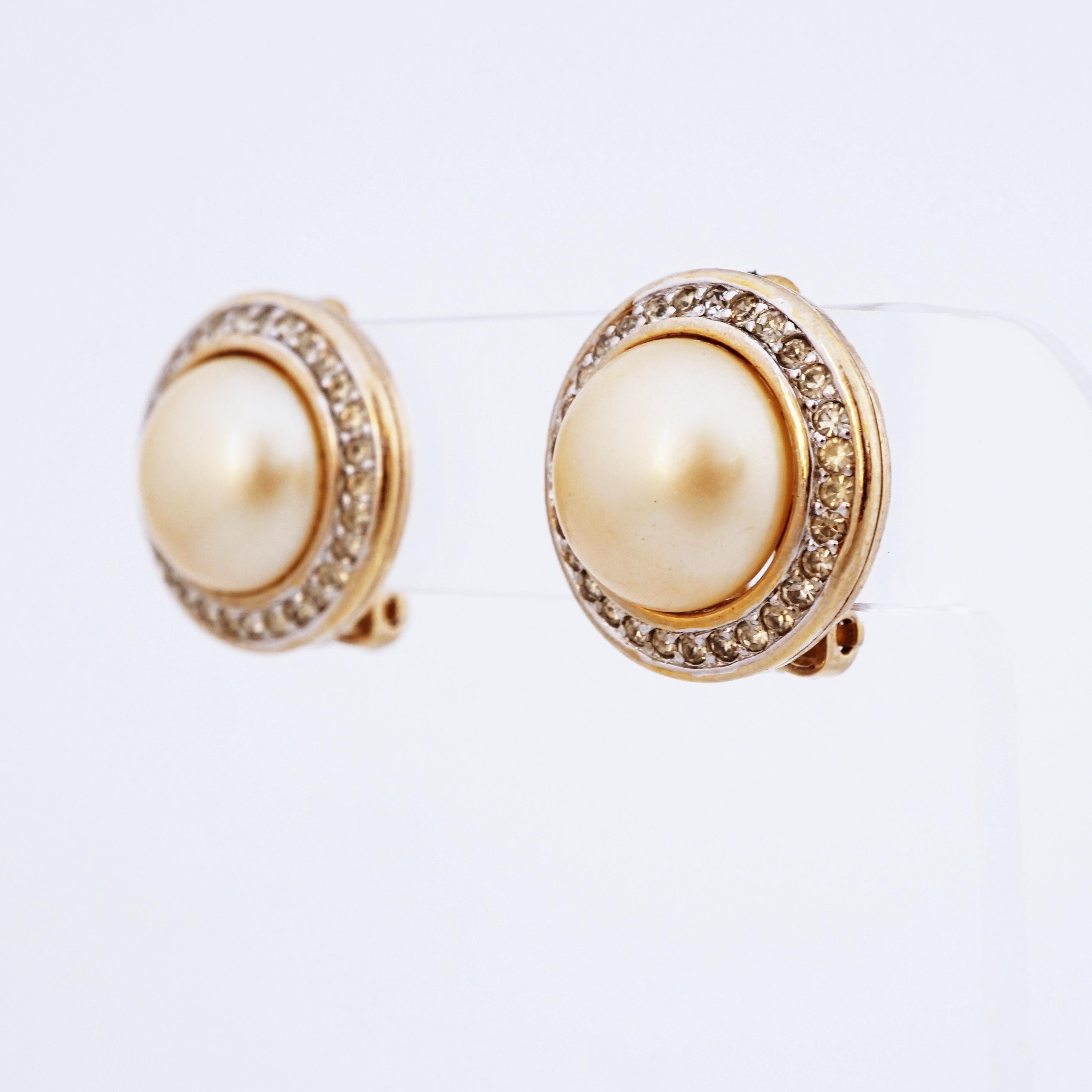 Crystal Halo Champagne Pearl Button Earrings By Panetta, 1970s In Good Condition In McKinney, TX