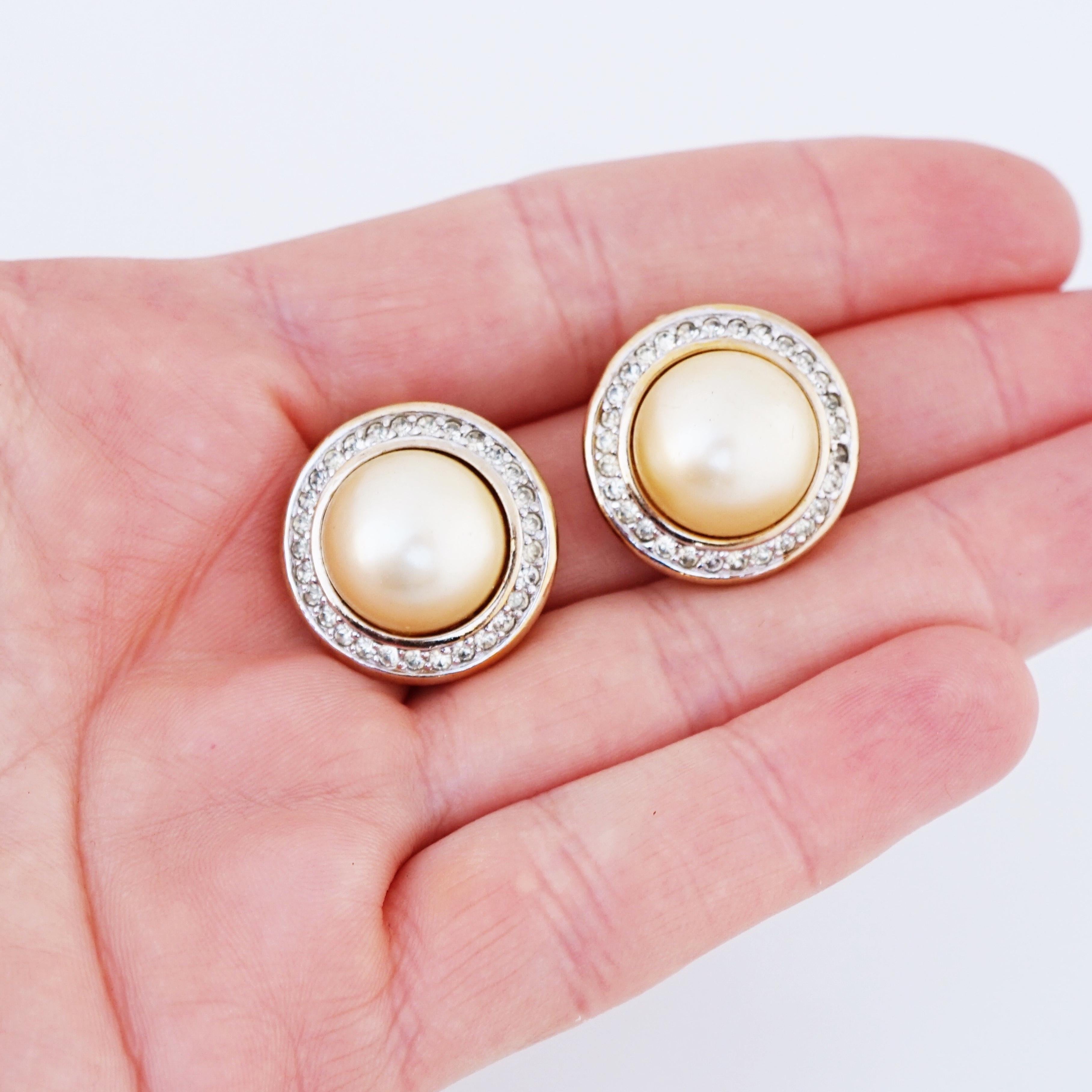 Crystal Halo Champagne Pearl Button Earrings By Panetta, 1970s 1