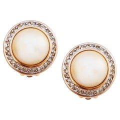 Crystal Halo Champagne Pearl Button Earrings By Panetta, 1970s