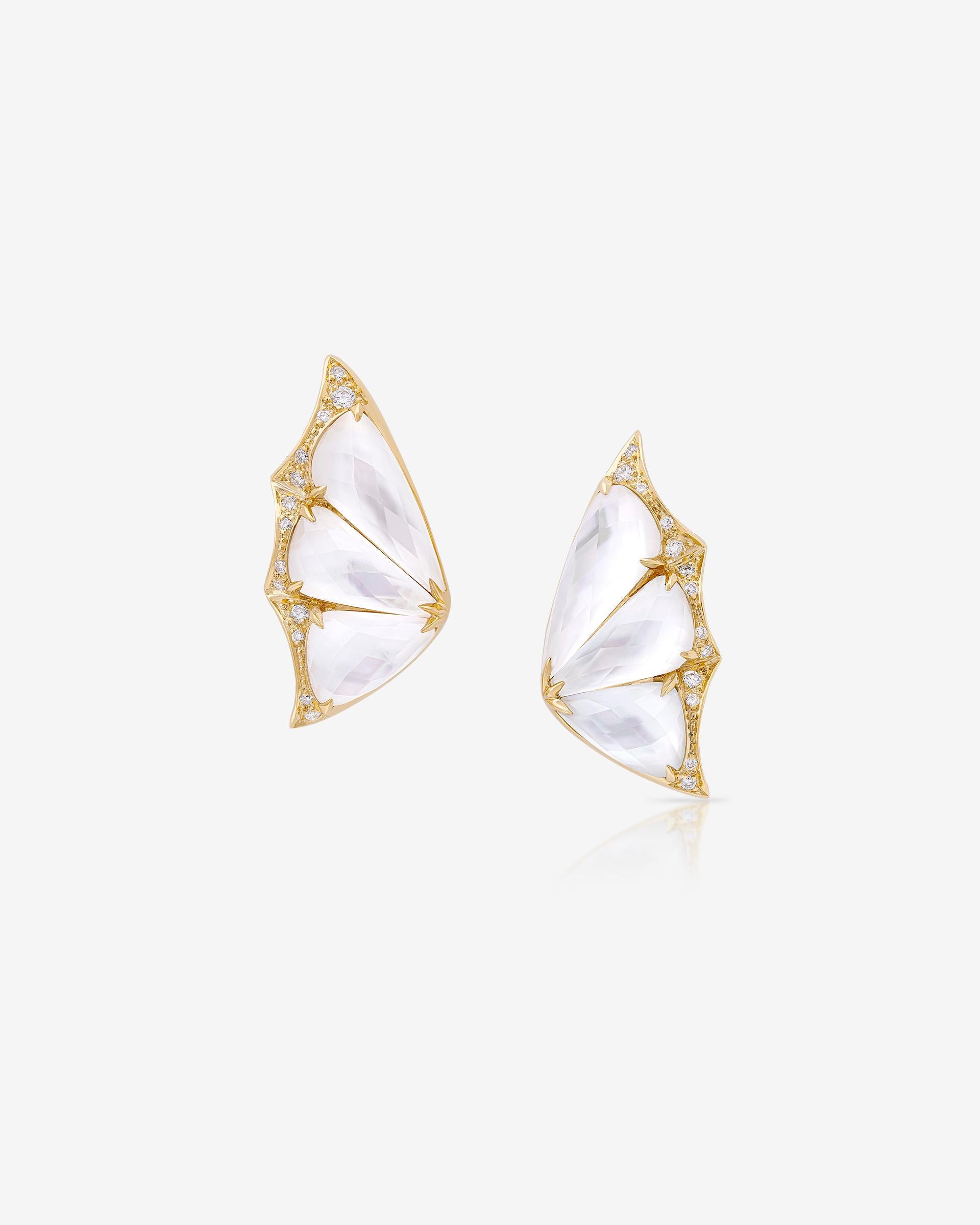 Round Cut Crystal Haze Cuff Earrings - 18 Carat Yellow Gold and Mother of Pearl For Sale